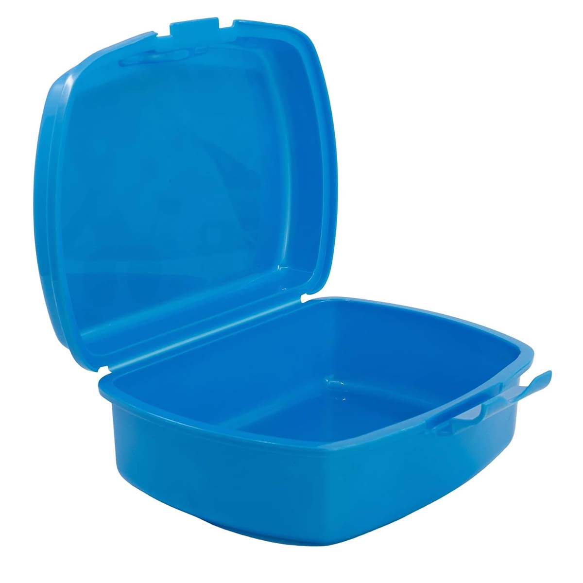 Portapranzo blu aperto su bianco. Il coperchio è sollevato, rivelando un vano vuoto.