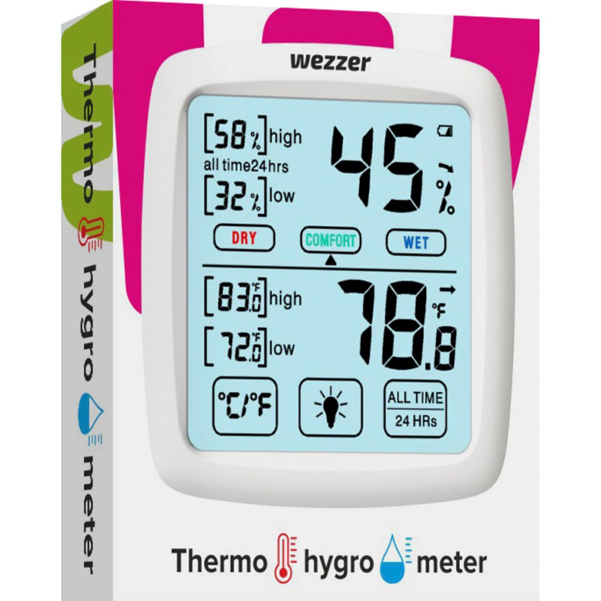 Ein digitales Thermo-Hygrometer zeigt Messwerte an: 45 %, 78,8 °F und andere Metriken, wobei 'COMFORT' hervorgehoben wird.