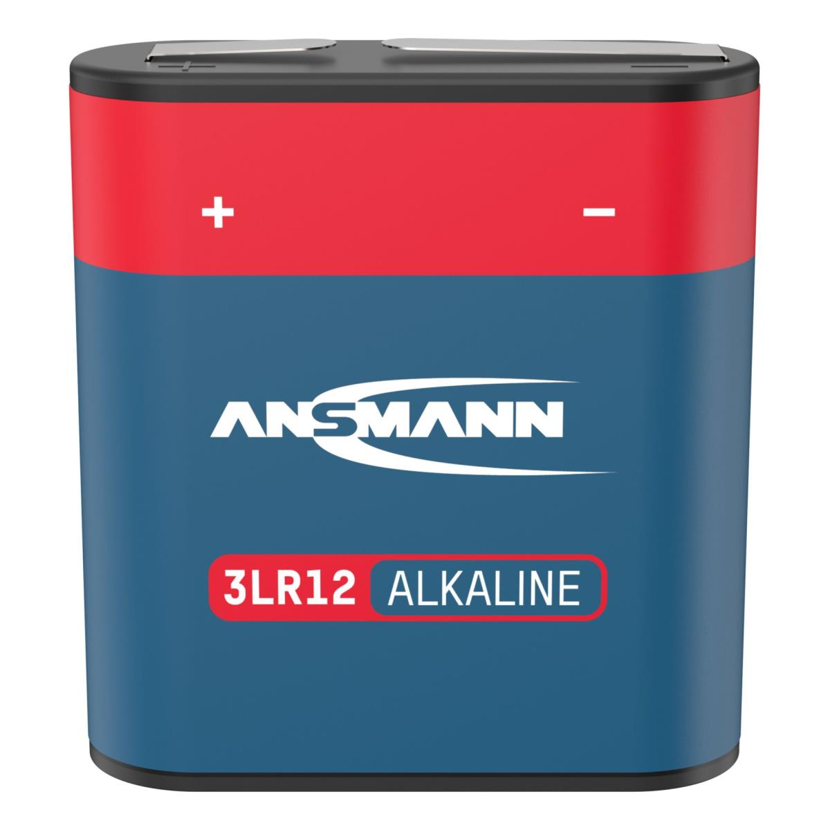 Ein rechteckiger Akku mit der Aufschrift ANSMANN. Oben rot, unten blau, mit weißem Text. Zeigt Plus- und Minuszeichen und '3LR12 ALKALINE'.