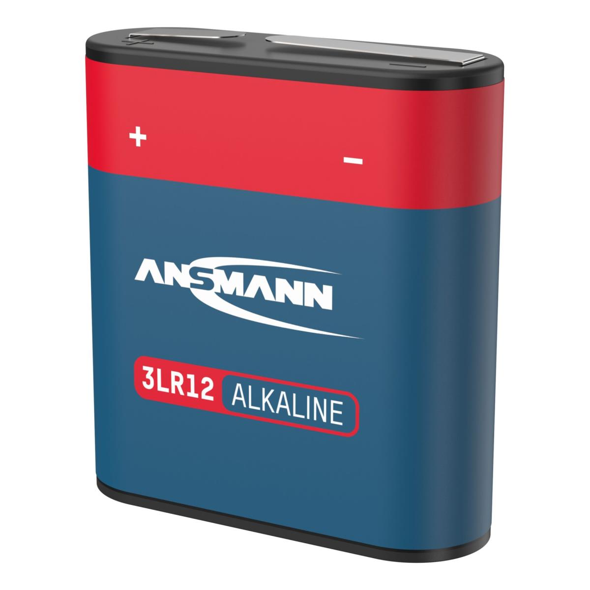 Ein rechteckiger Akku mit der Aufschrift ANSMANN. Er hat eine rote Oberseite, einen blauen Körper und den Text '3LR12 ALKALINE'.