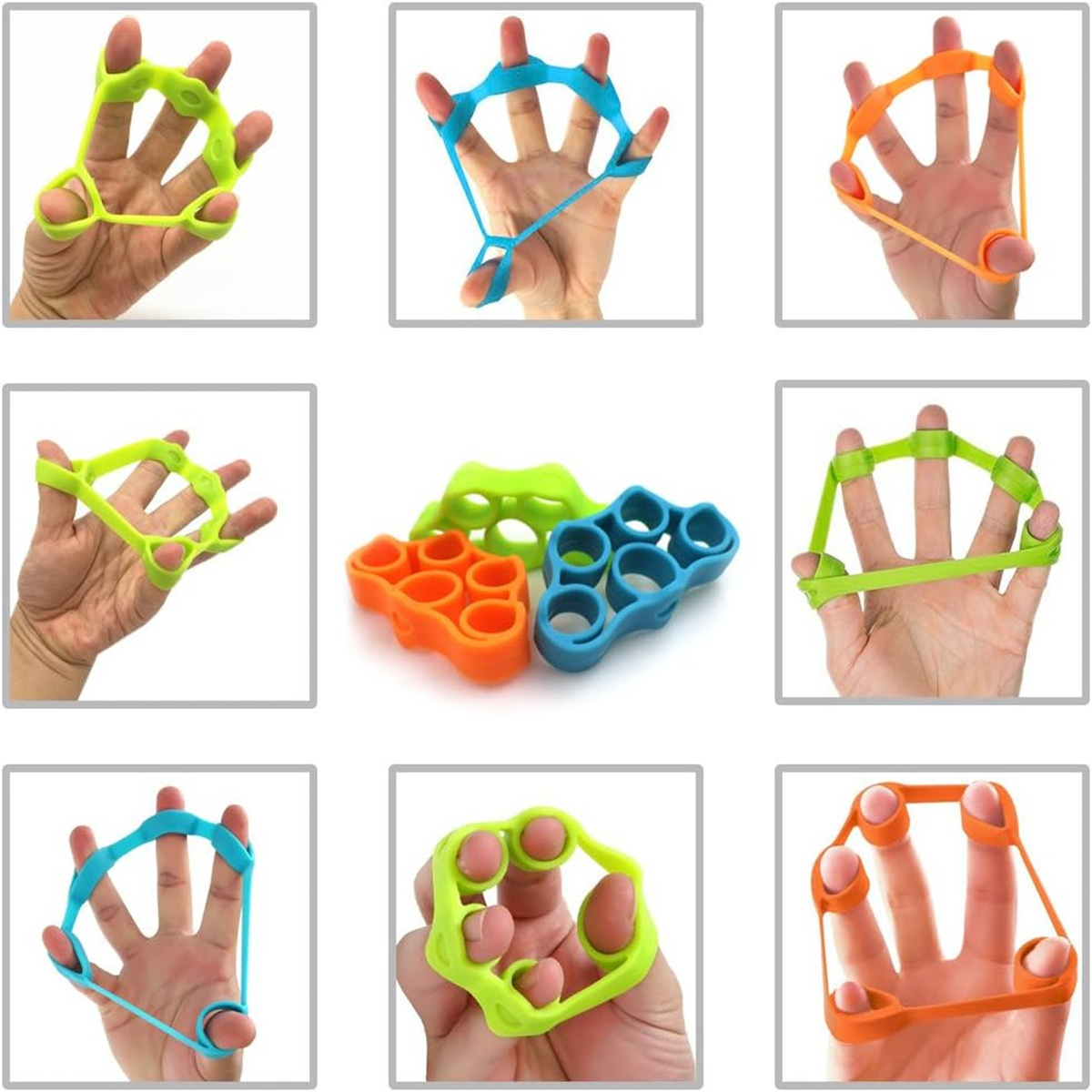 Neun Bilder zeigen Hände mit Fingertrainern in verschiedenen Farben. Grüne, blaue und orangefarbene Bänder sind über die Finger gespannt.
