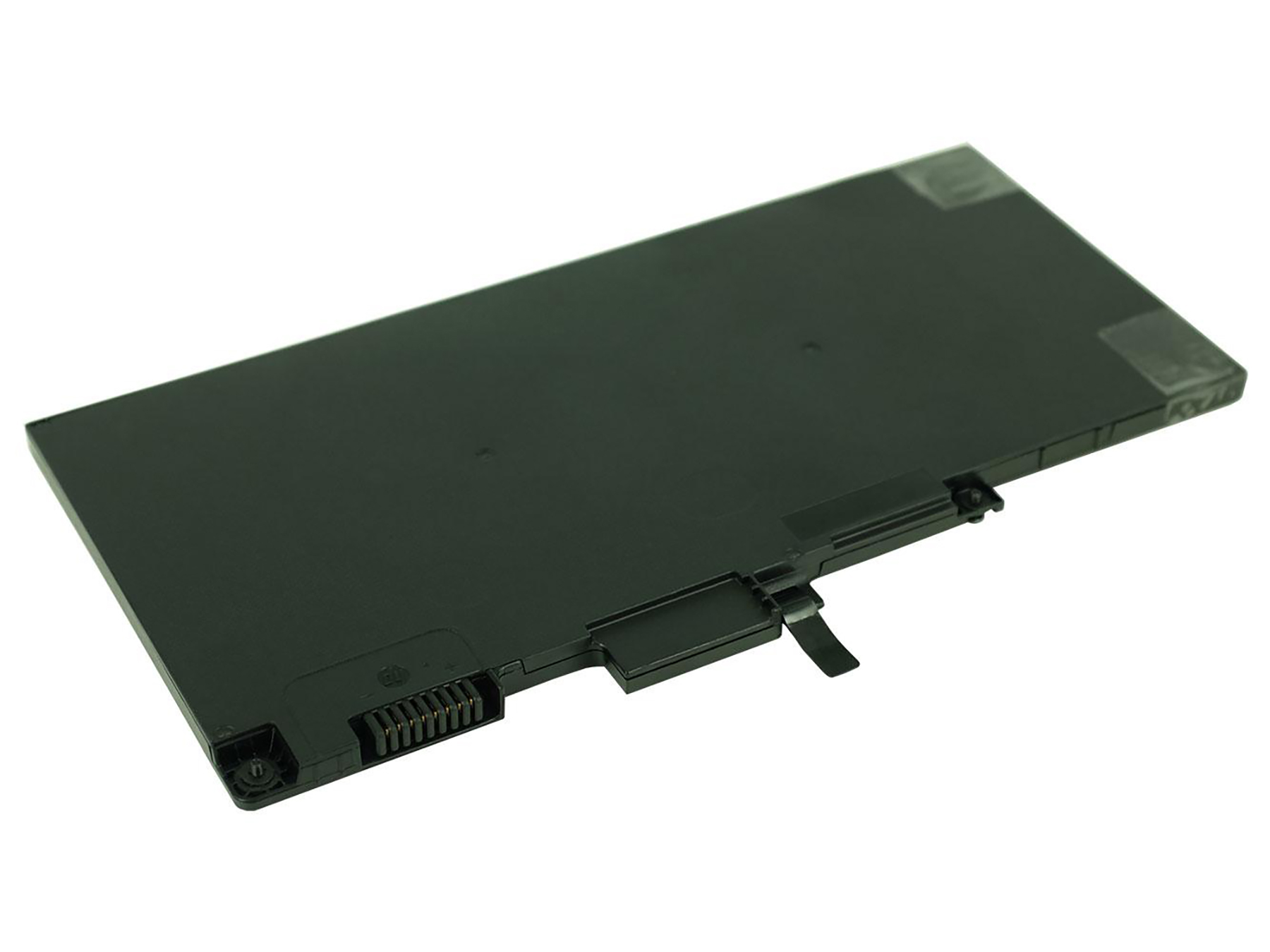 Ein schwarzer, rechteckiger Laptop-Akku auf weißem Grund. Er hat Anschlüsse und einen Verriegelungsmechanismus.