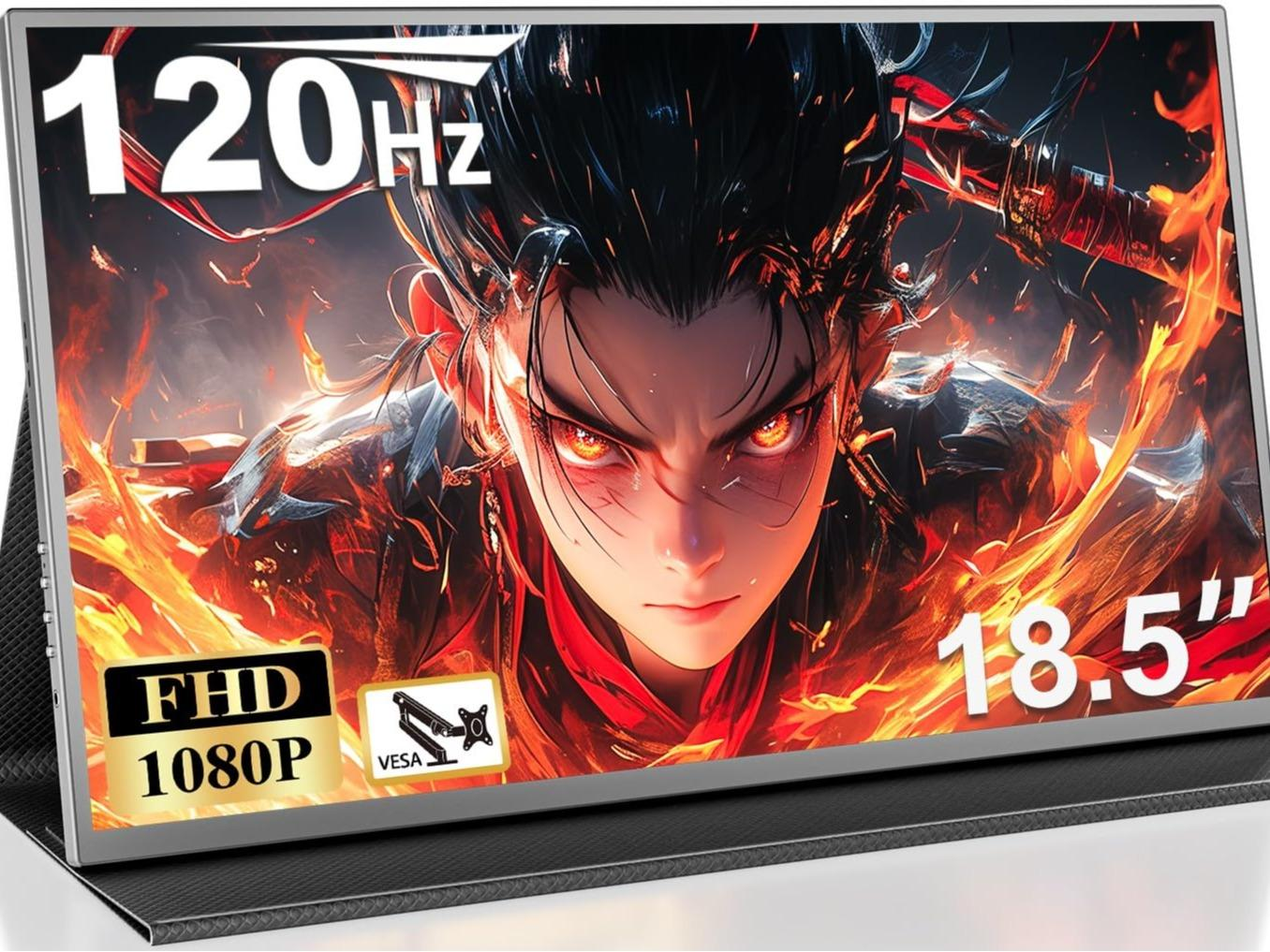 Ein Computermonitor zeigt einen Manga-Charakter mit feurigem Hintergrund. Merkmale: 120Hz, 18,5", FHD 1080P und VESA-Logo.