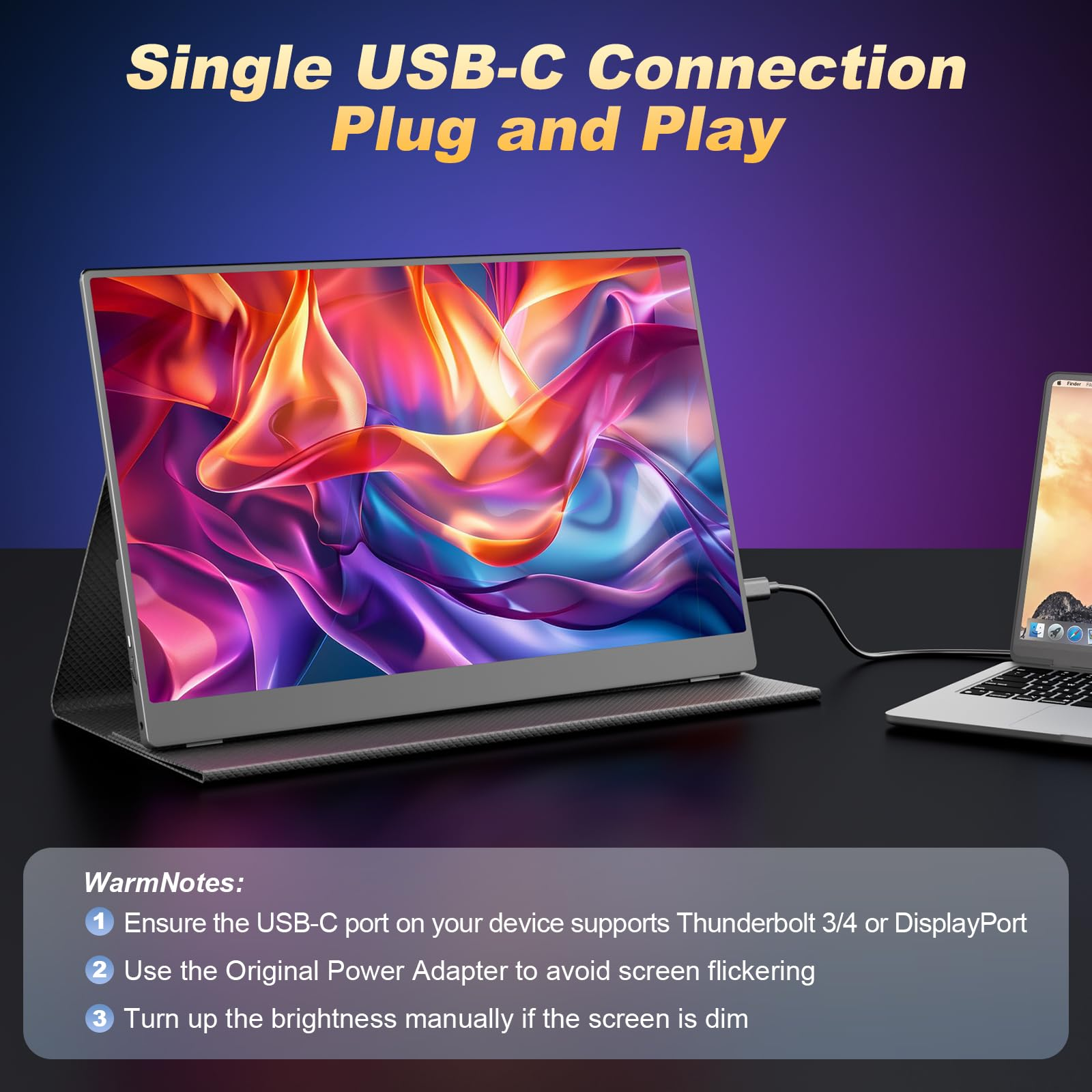 Ein Monitor, der an einen Laptop angeschlossen ist. Der Text oben lautet 'Single USB-C Connection Plug and Play'.
