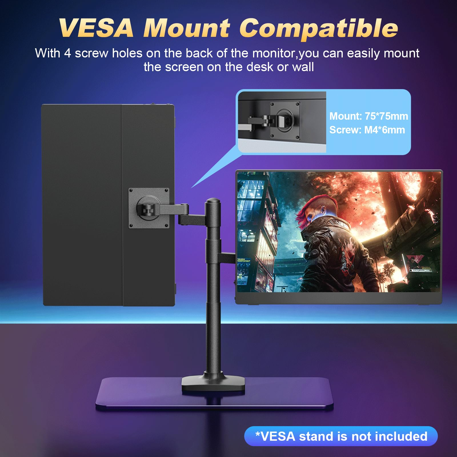 Das Bild zeigt einen Monitor, der auf einem Ständer montiert ist, mit Details zur VESA-Halterung und Spezifikationen.