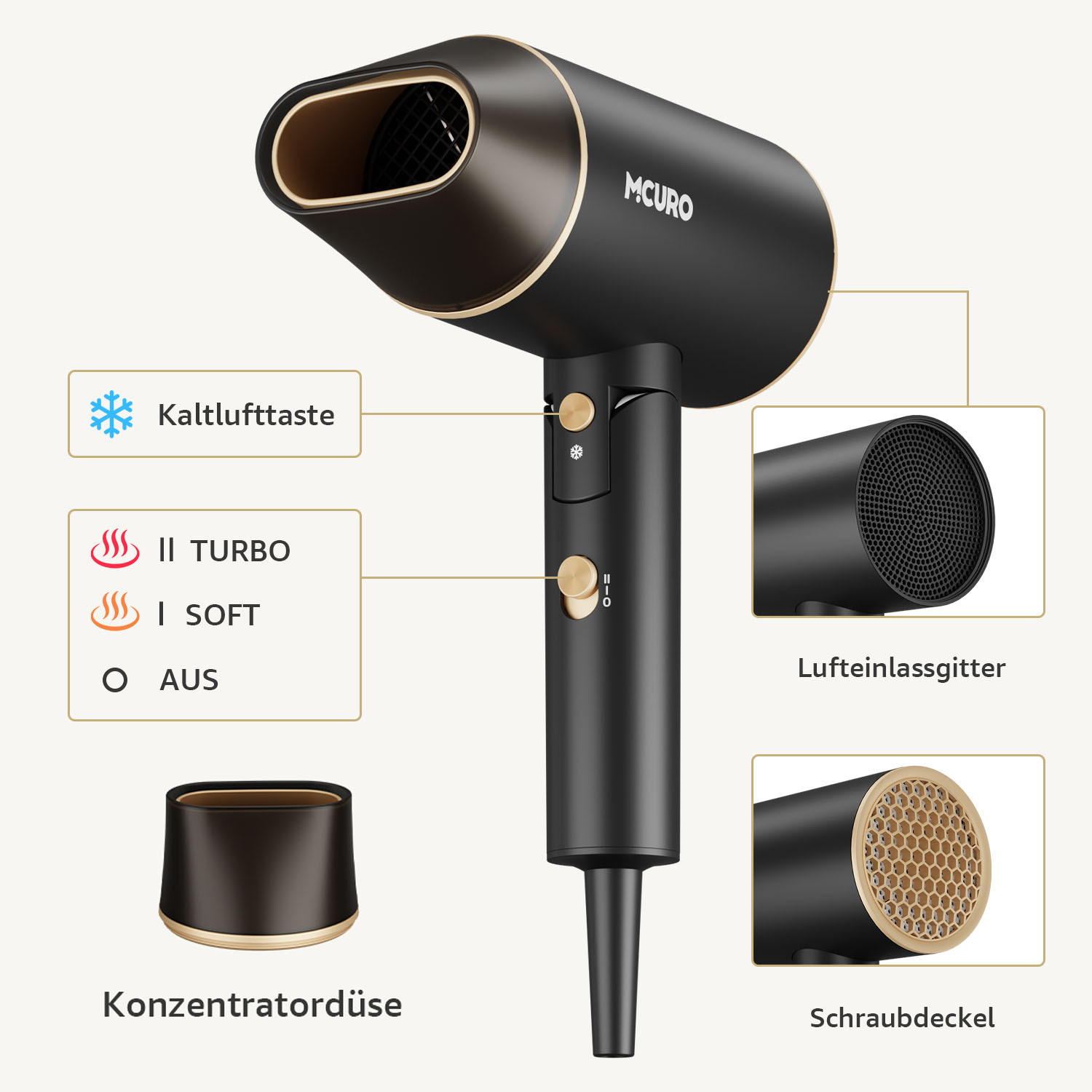 Schwarzer und goldener Haartrockner mit Aufsätzen. Merkmale umfassen Kaltluft, Turbo, weiche Einstellungen und eine Konzentratordüse.