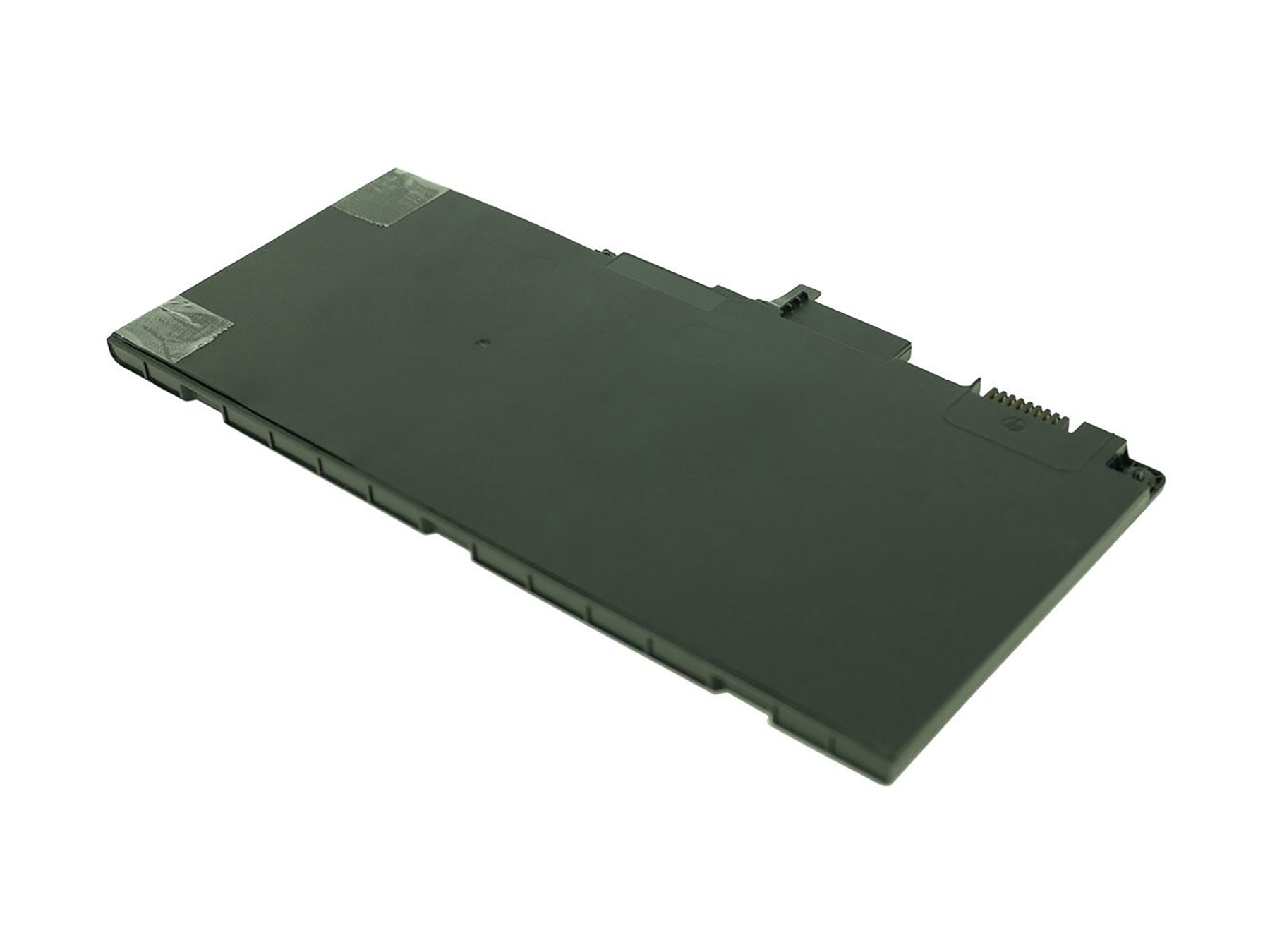 Ein dunkelgrauer Laptop-Akku wird gezeigt. Er hat eine rechteckige Form und ist auf weißem Hintergrund isoliert.