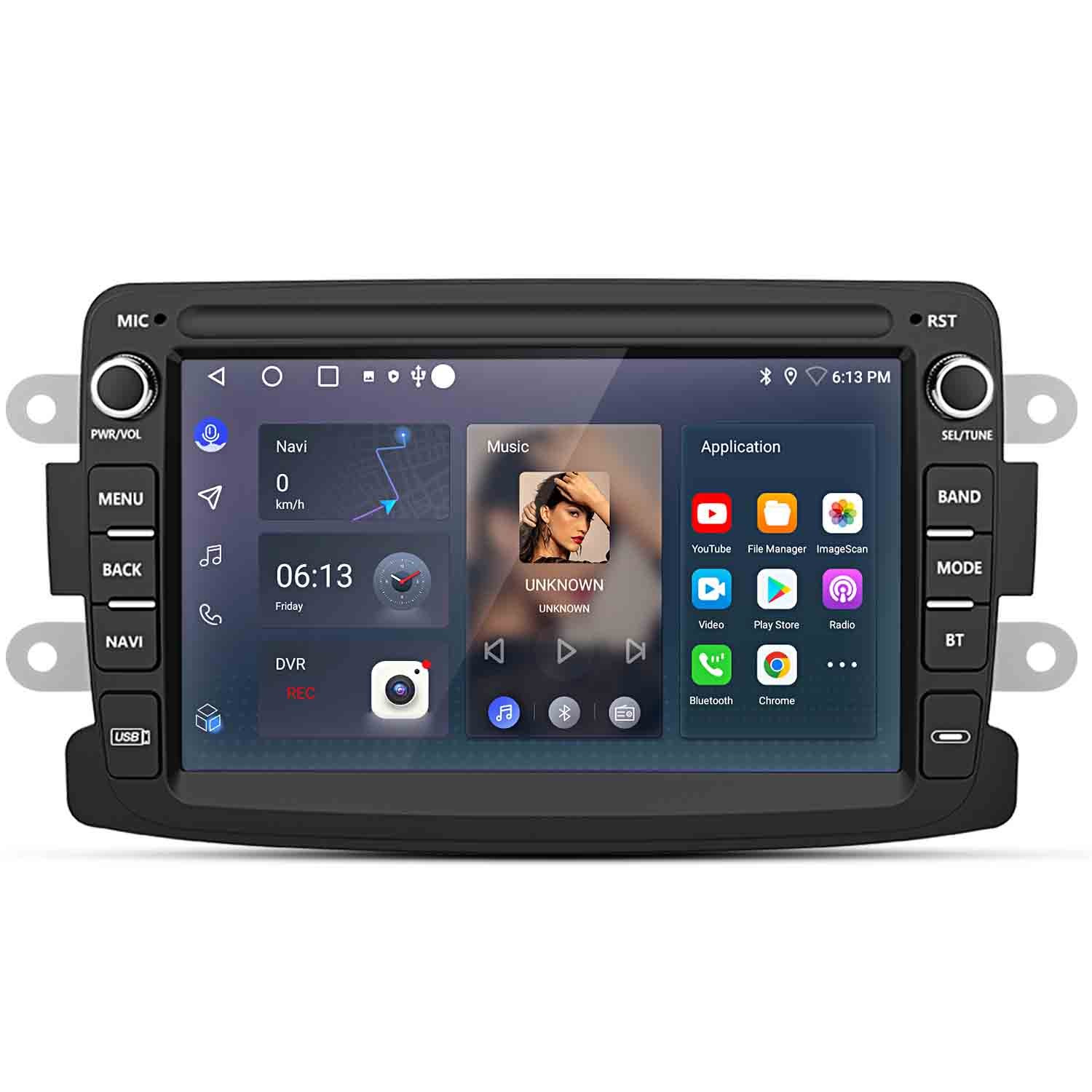 Auto-Multimedia-System. Touchscreen-Display mit Navigation, Musik und App-Symbolen. Tasten für Strom, Menü, Navi und andere Funktionen.