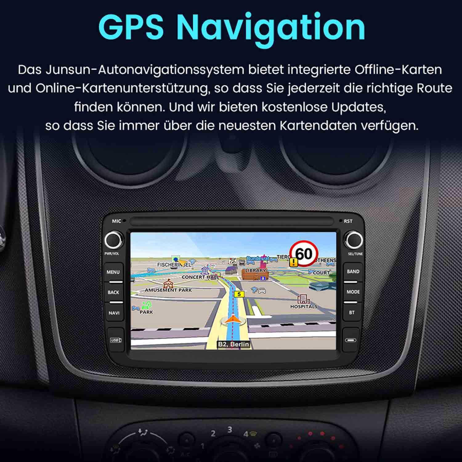 Auto-Navigationssystem zeigt Karte mit Route. Geschwindigkeitsbegrenzung 60 km/h angezeigt. Text auf Deutsch. Knöpfe links und rechts.