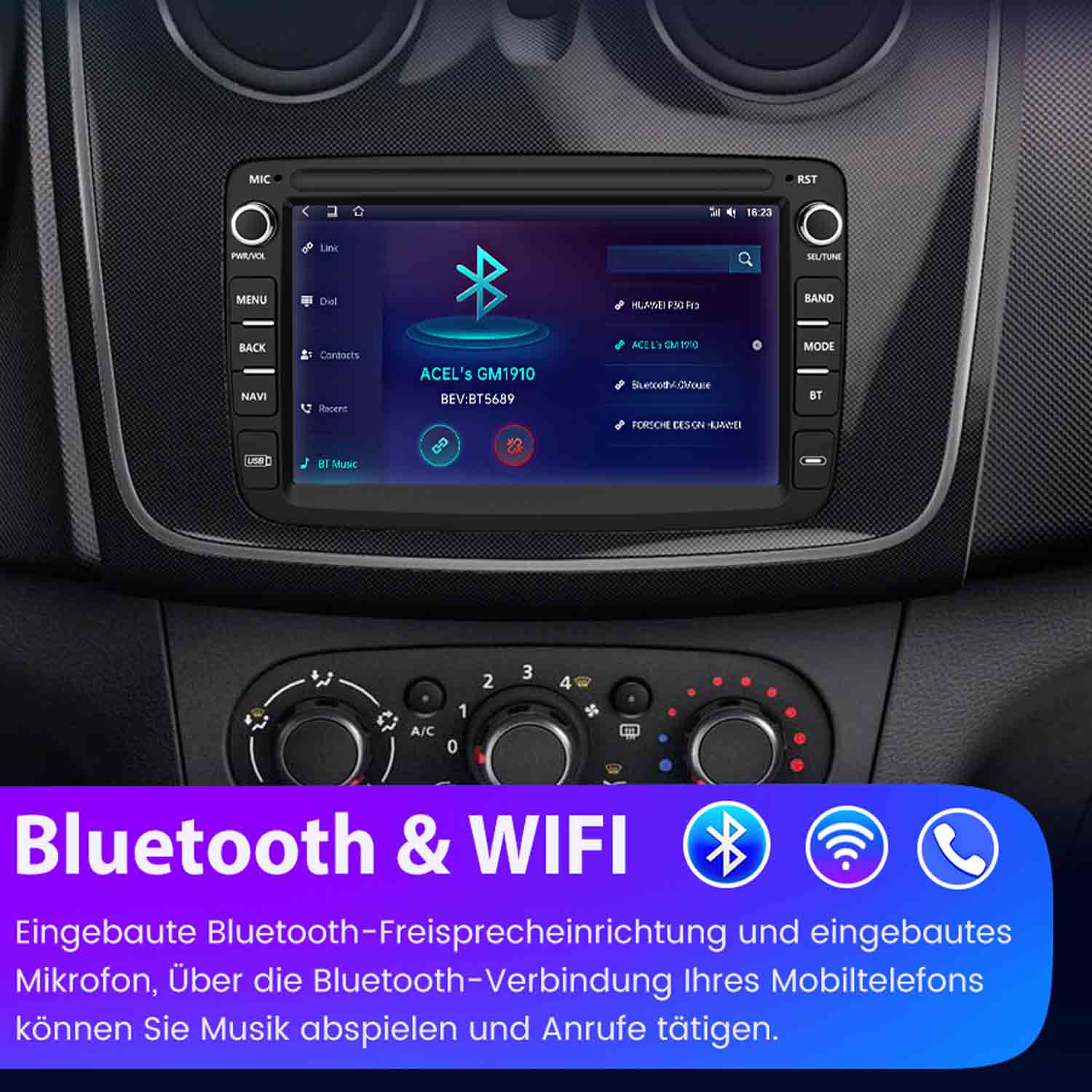 Ein Autoradio-Bildschirm zeigt Bluetooth- und WIFI-Funktionen an. Darunter befinden sich Steuertasten. Text sagt Bluetooth & WIFI.