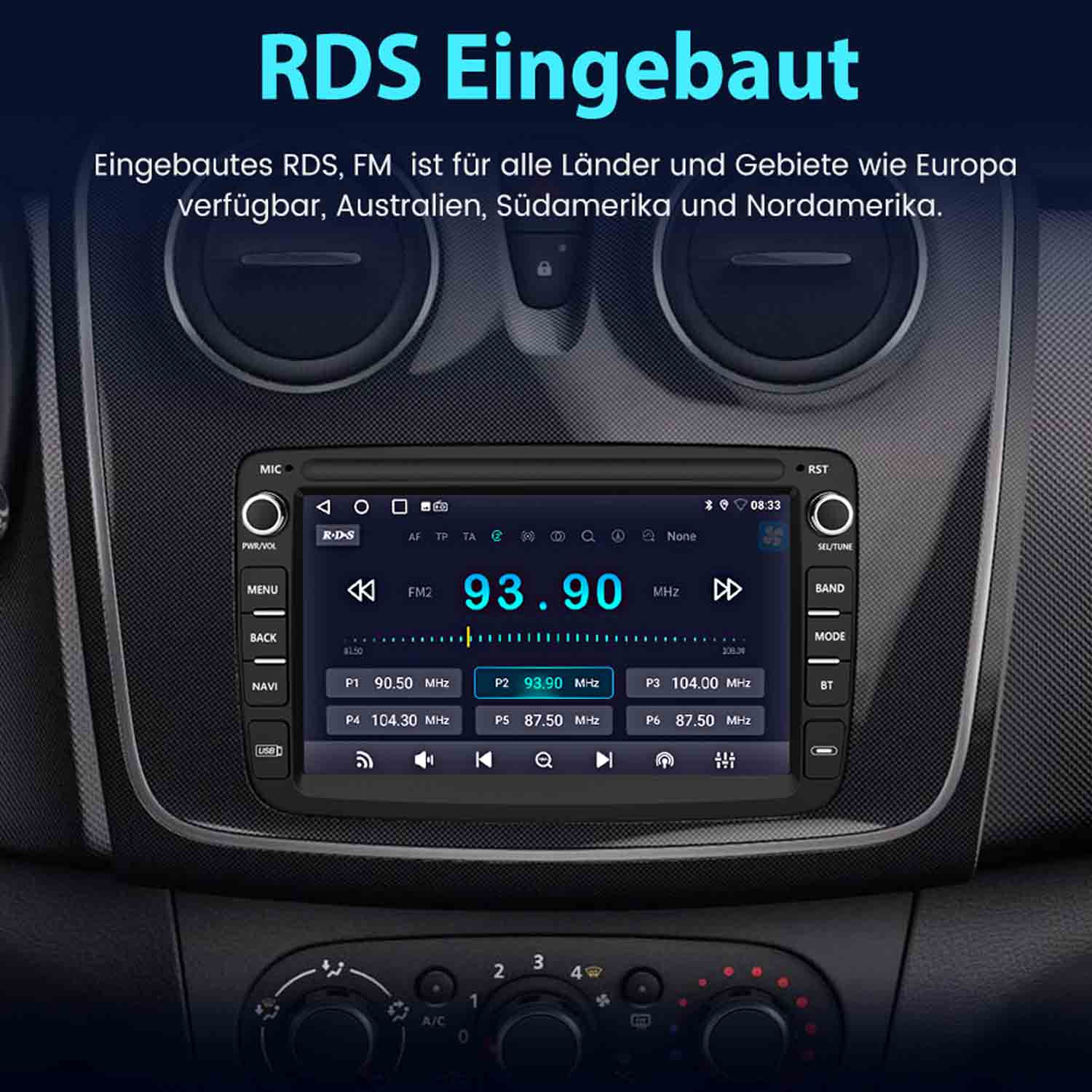 Autoradio mit Bildschirm, der die FM-Frequenz 93,90 MHz anzeigt. Der Text oben lautet RDS Eingebaut.