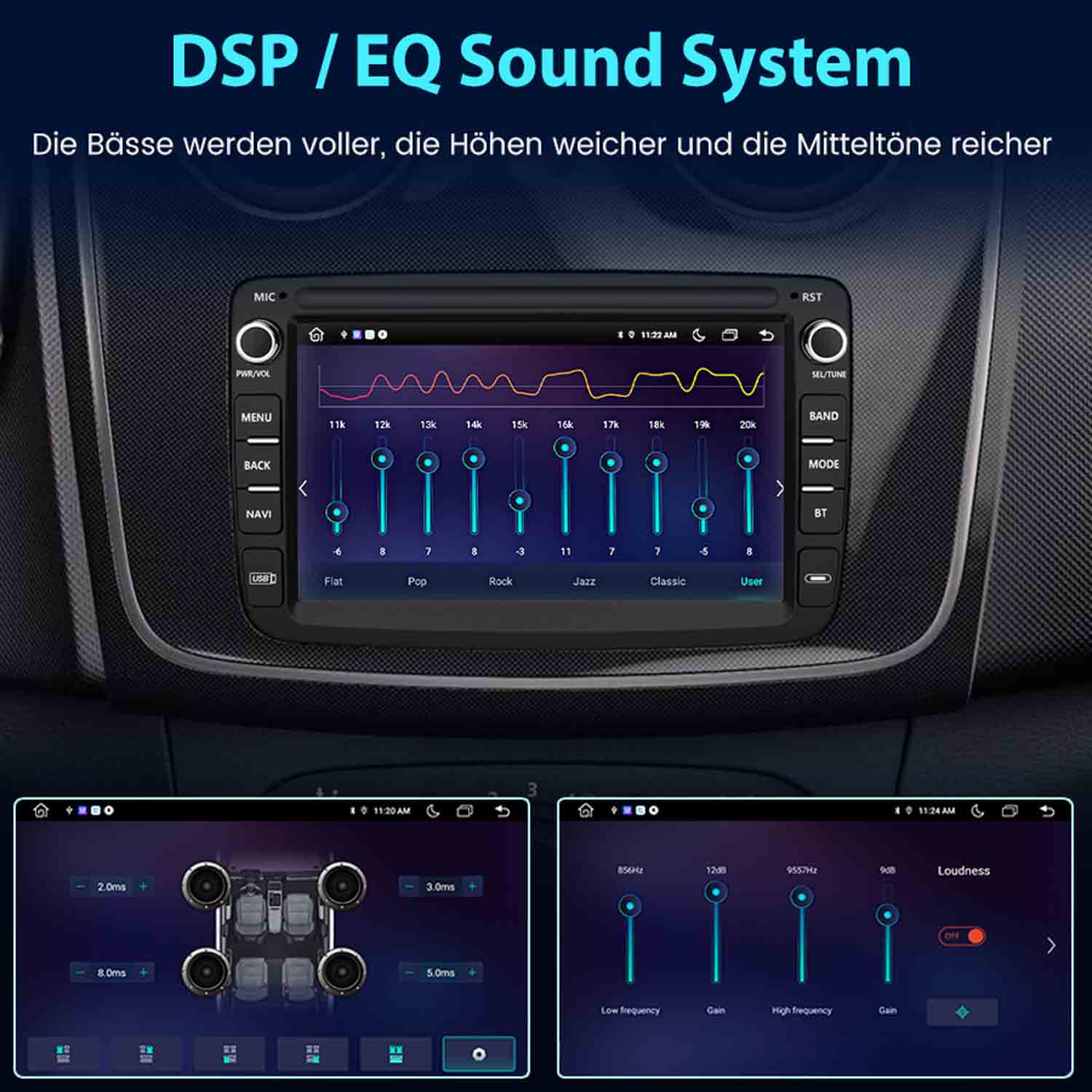 Auto-Audiosystem-Schnittstelle mit Equalizer-Einstellungen, Frequenzeinstellungen und Lautstärkeregelungsoptionen.