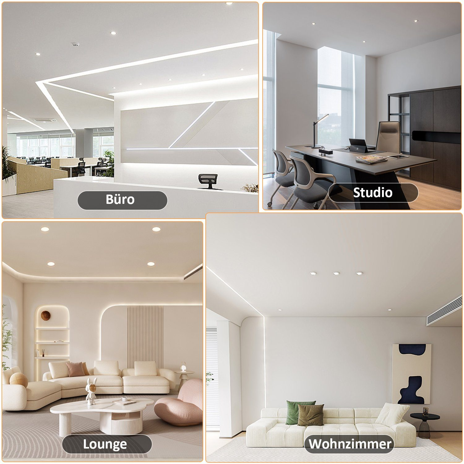 Das Bild zeigt vier Innenraumkonzepte: Büro, Studio, Lounge und Wohnzimmer. Jedes zeigt moderne Beleuchtung und Möbel.