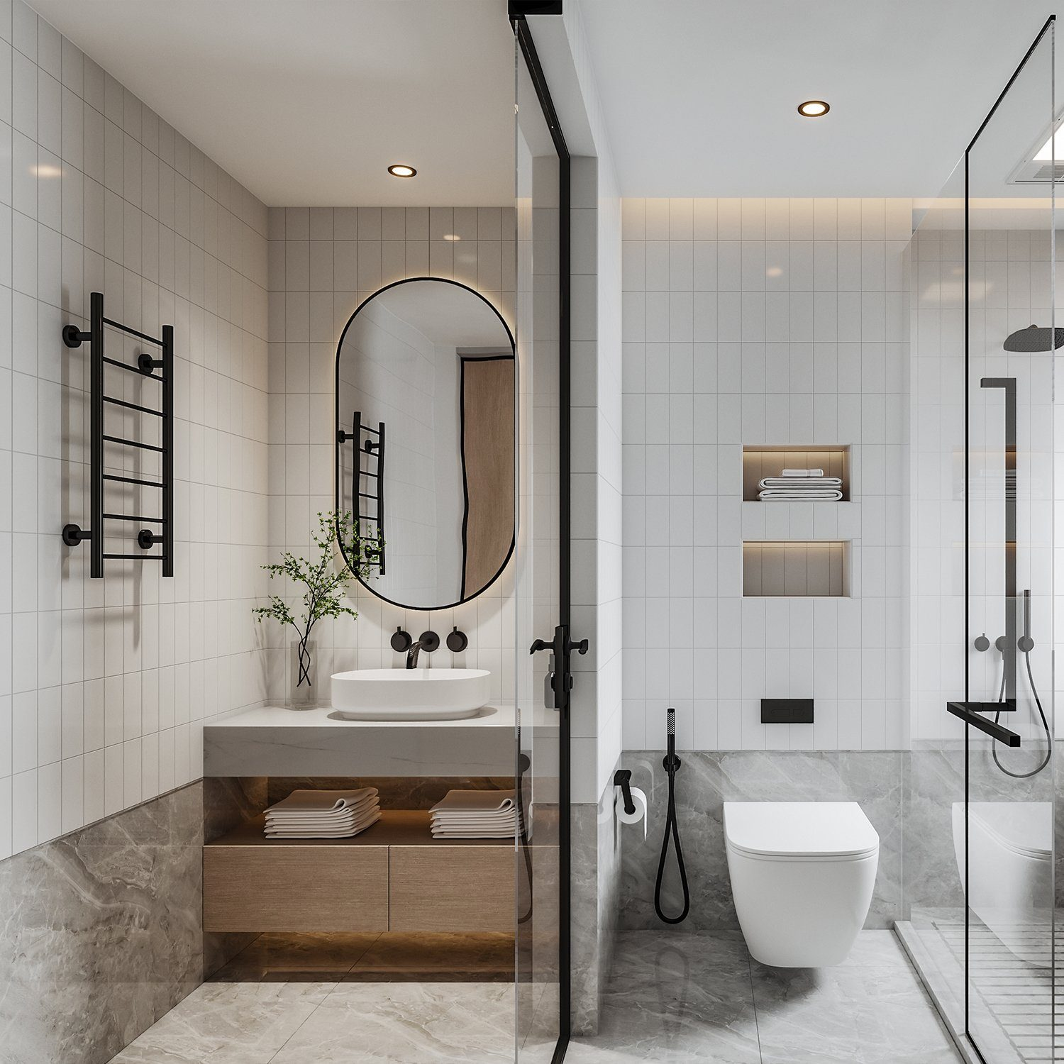 Baño moderno con azulejos blancos, espejo y ducha de cristal. Incluye inodoro, lavabo y toallero. Combinación de colores neutros.