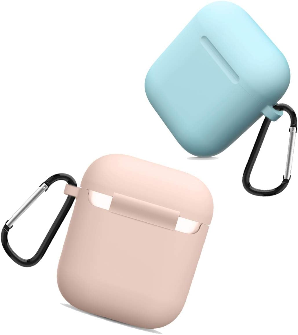 Zwei AirPods-Hüllen: eine rosa, eine hellblau. Beide haben schwarze Karabinerhaken.