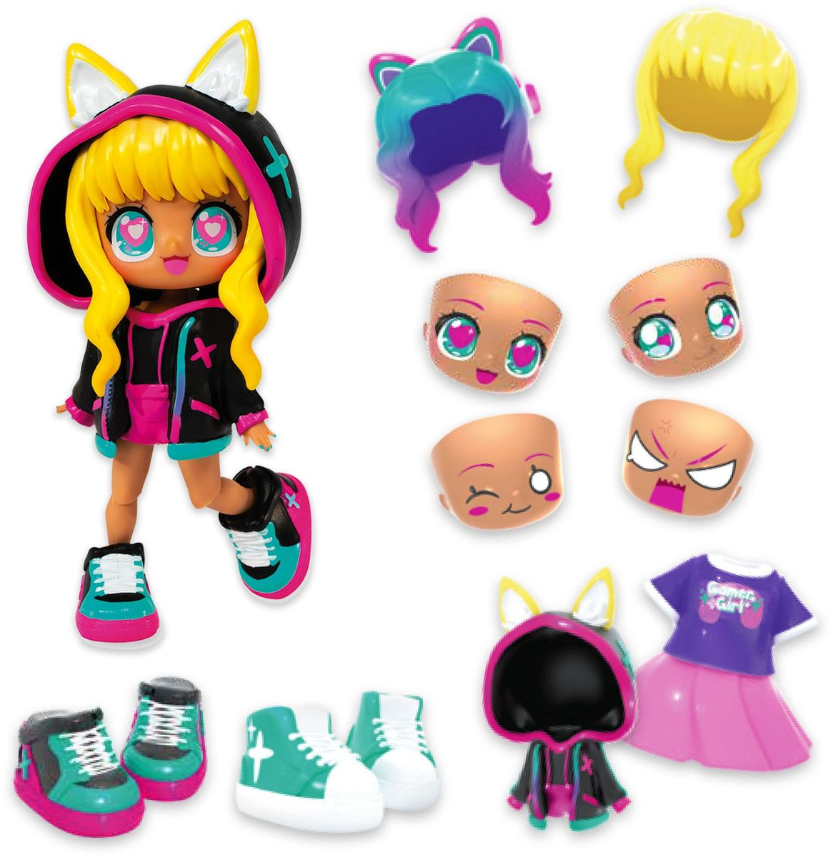 Eine Puppe mit austauschbaren Teilen: Haare, Gesichter, Kleidung und Schuhe. Die Puppe trägt ein schwarz-pinkes Outfit mit gelben Haaren.