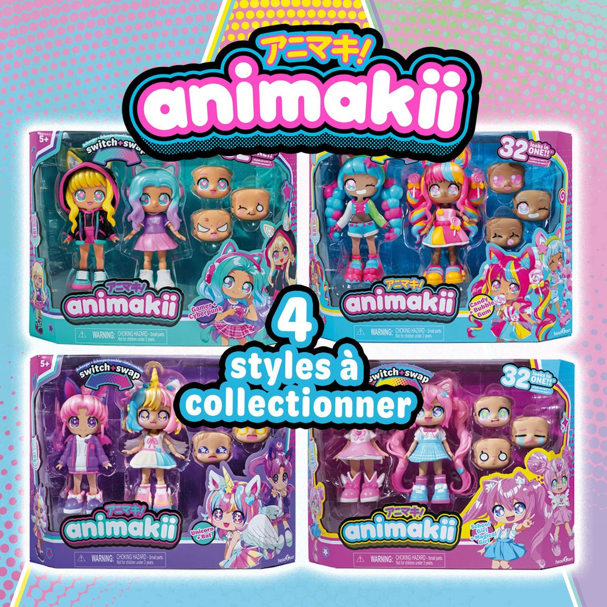 Vier Animakii-Puppenboxen. Jede zeigt eine Puppe mit zusätzlichen Gesichtern und Zubehör. Text sagt '4 Styles zum Sammeln'.