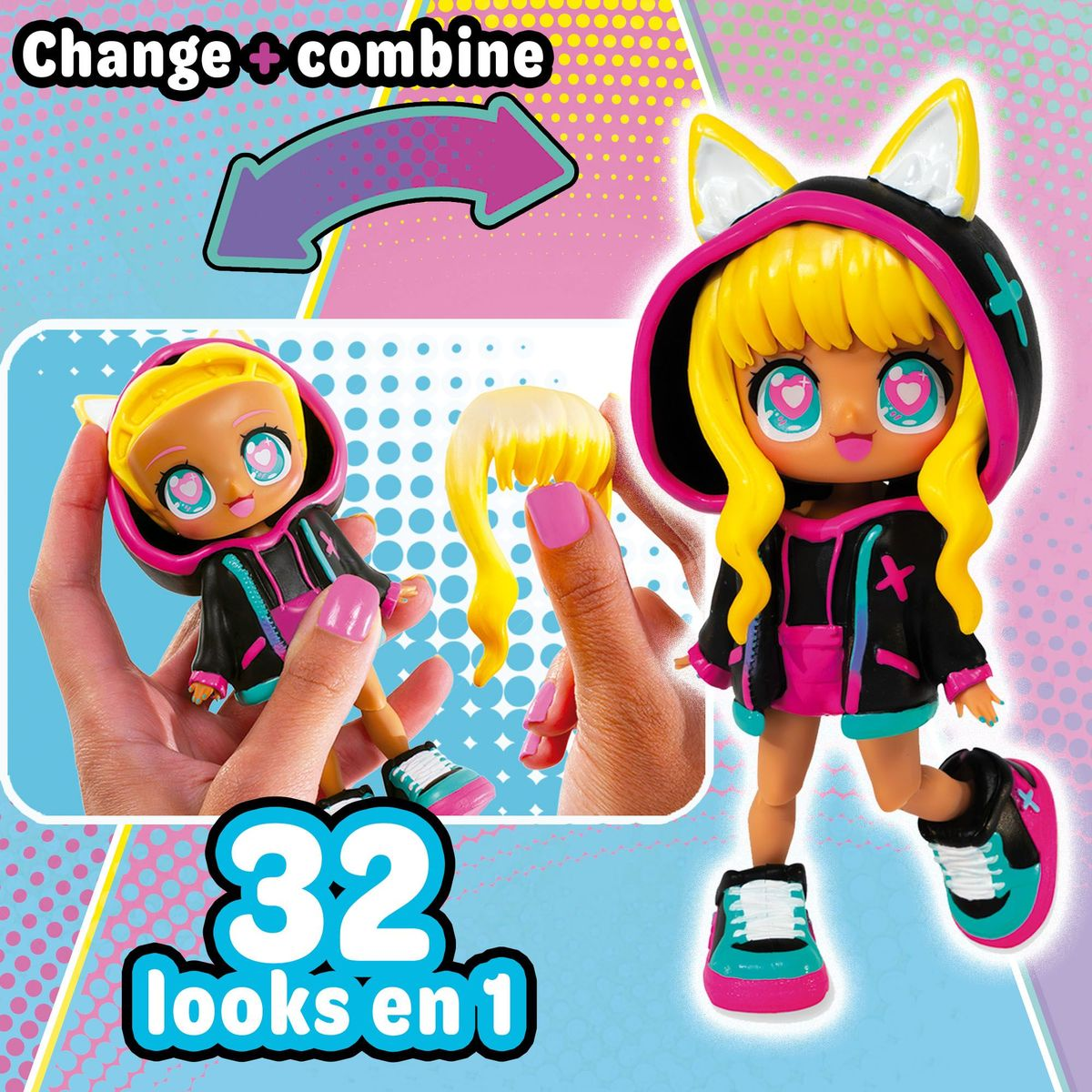 Eine Puppe mit gelben Haaren und Katzenohren. Hände halten eine Perücke und eine Puppe. Text 'Change + combine' und '32 looks en 1'.