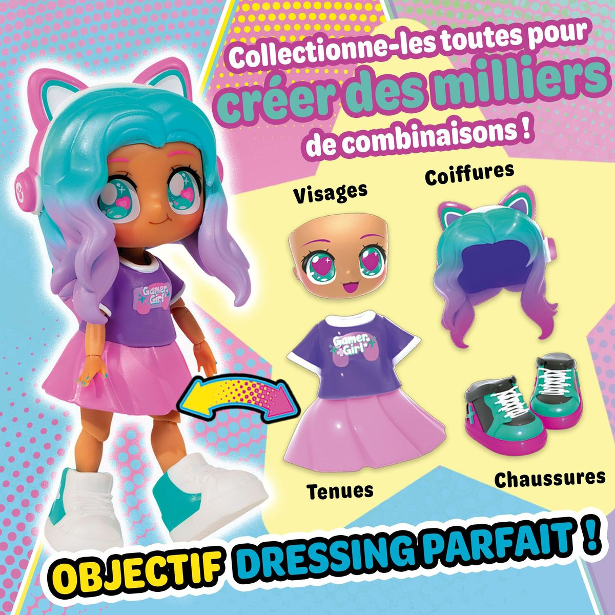 Puppe mit blauen Haaren und rosa Rock, sowie Accessoires wie Schuhe, Hemd und Gesicht. Text: 'OBJECTIF DRESSING PARFAIT!'