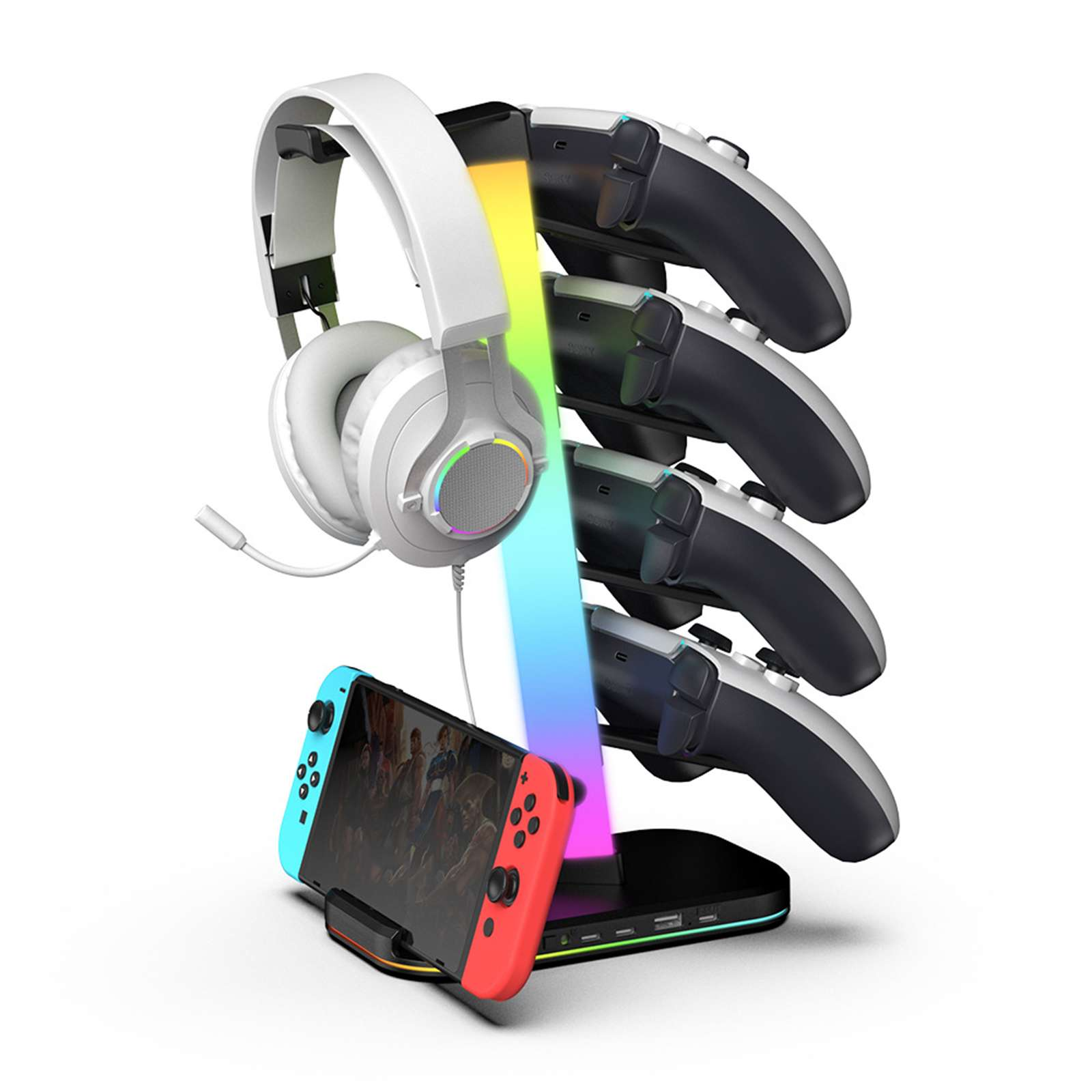 Ein Gaming-Zubehörständer mit Controllern, Kopfhörern und einem Switch. Der Ständer hat einen farbenfrohen Lichtstreifen.