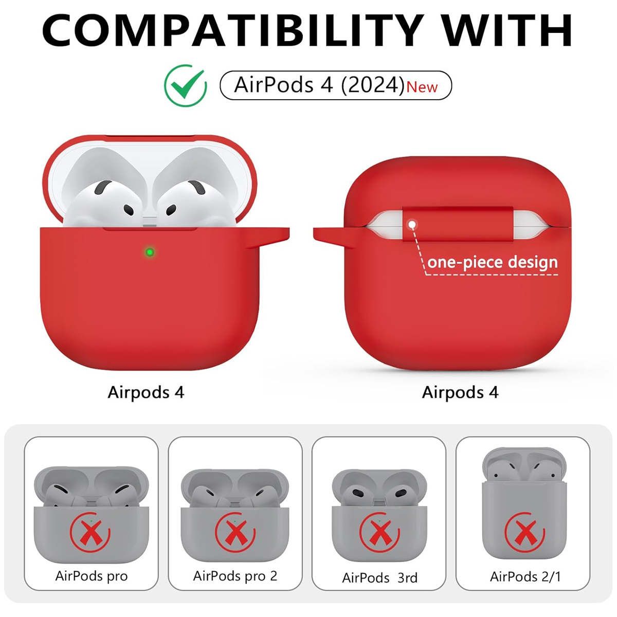 Rotes AirPods 4-Etui mit weißen AirPods innen, Text 'einteiliges Design'. Unten inkompatible AirPods-Modelle.