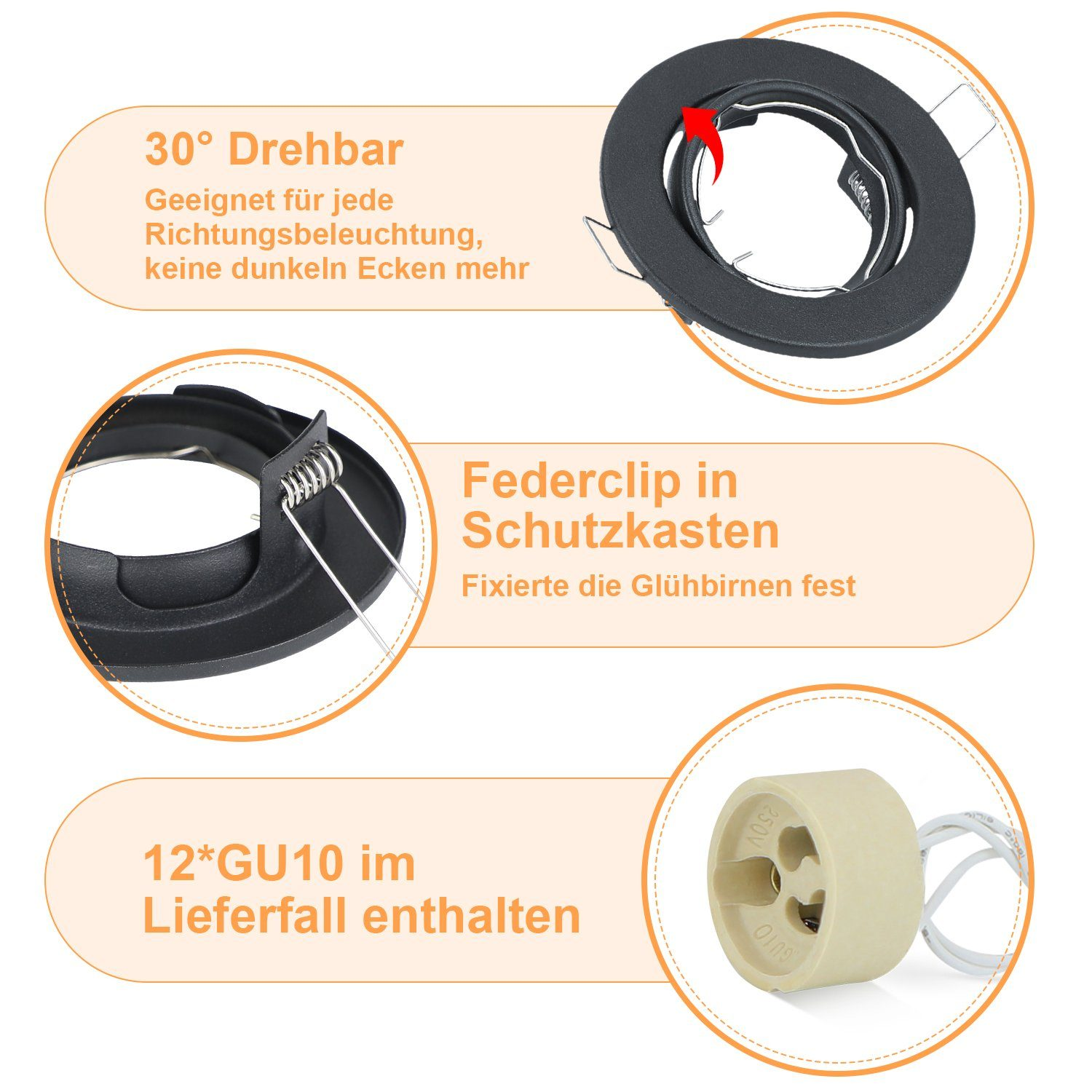 Das Bild zeigt eine schwarze Leuchte mit kreisförmigem Design. Text hebt hervor: drehbar, sichere Glühbirne und enthaltene GU10-Lampen.