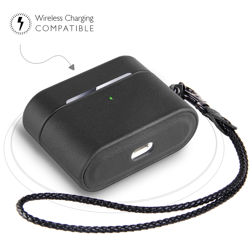 Schwarzes AirPods-Etui mit Riemen. Es hat einen Ladeanschluss und eine Anzeige für kabelloses Laden.