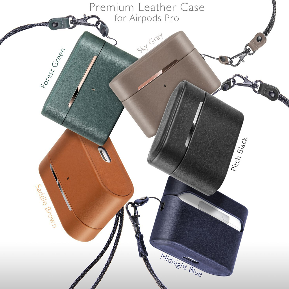 Fünf Leder-Airpods-Pro-Hüllen in verschiedenen Farben (Forest Green, Sky Gray, Pitch Black, Saddle Brown, Midnight Blue) mit Lanyards.