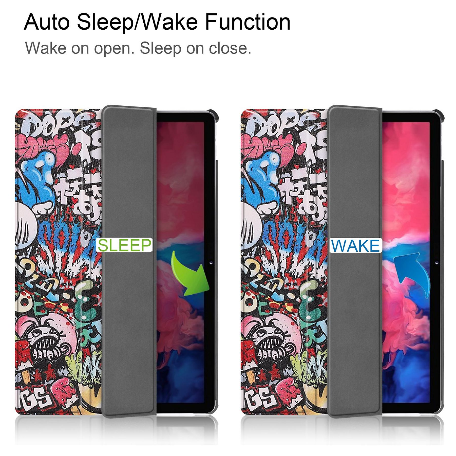 Eine Tablet-Hülle mit Graffiti-Design zeigt die Schlaf-/Weckfunktion. Zum Aufwecken öffnen, zum Schlafen schließen. Pfeile zeigen die Aktion an.