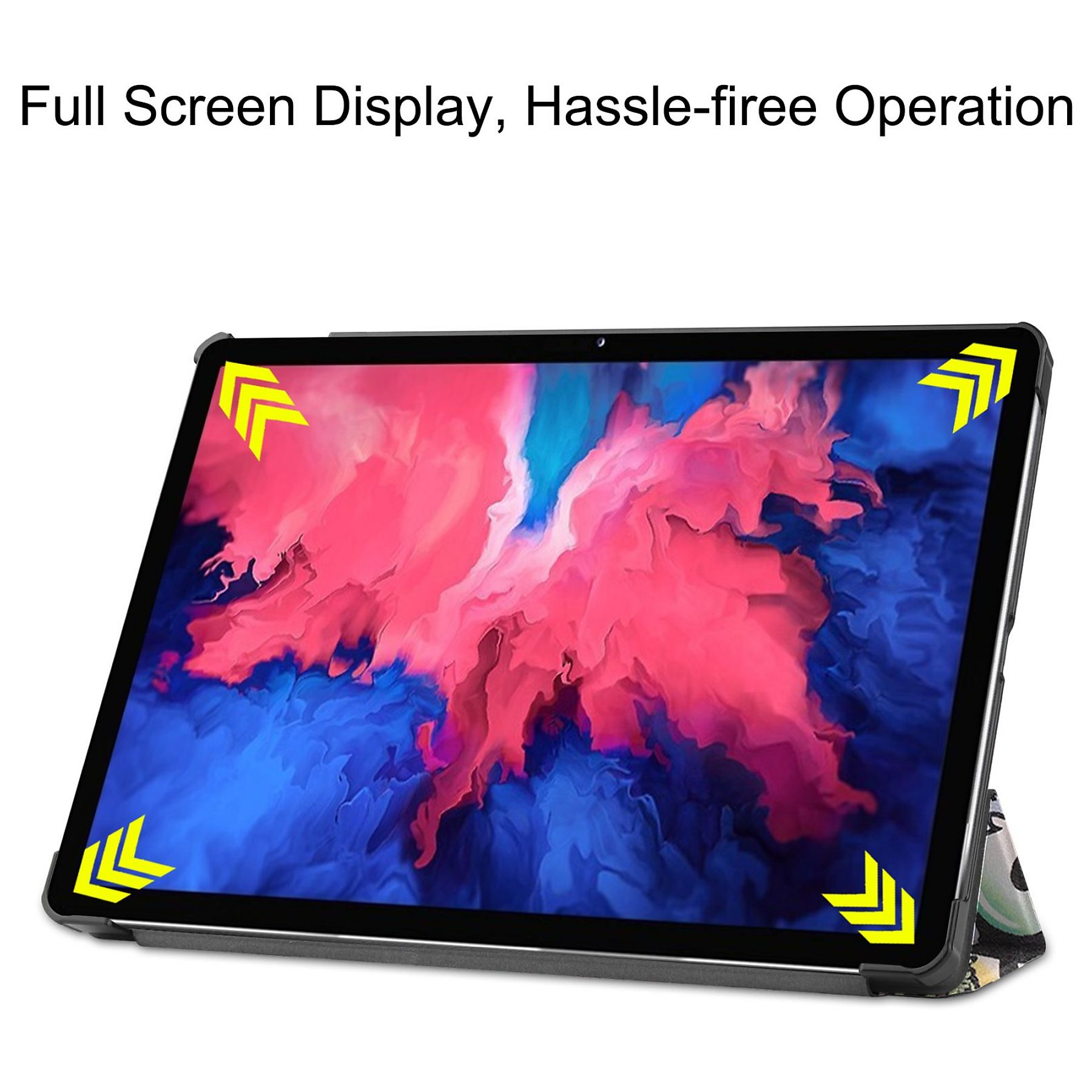 Ein Tablet mit farbenfrohem Bildschirm wird in einem Winkel angezeigt. Gelbe Pfeile befinden sich an den Ecken. Text: Vollbildanzeige.