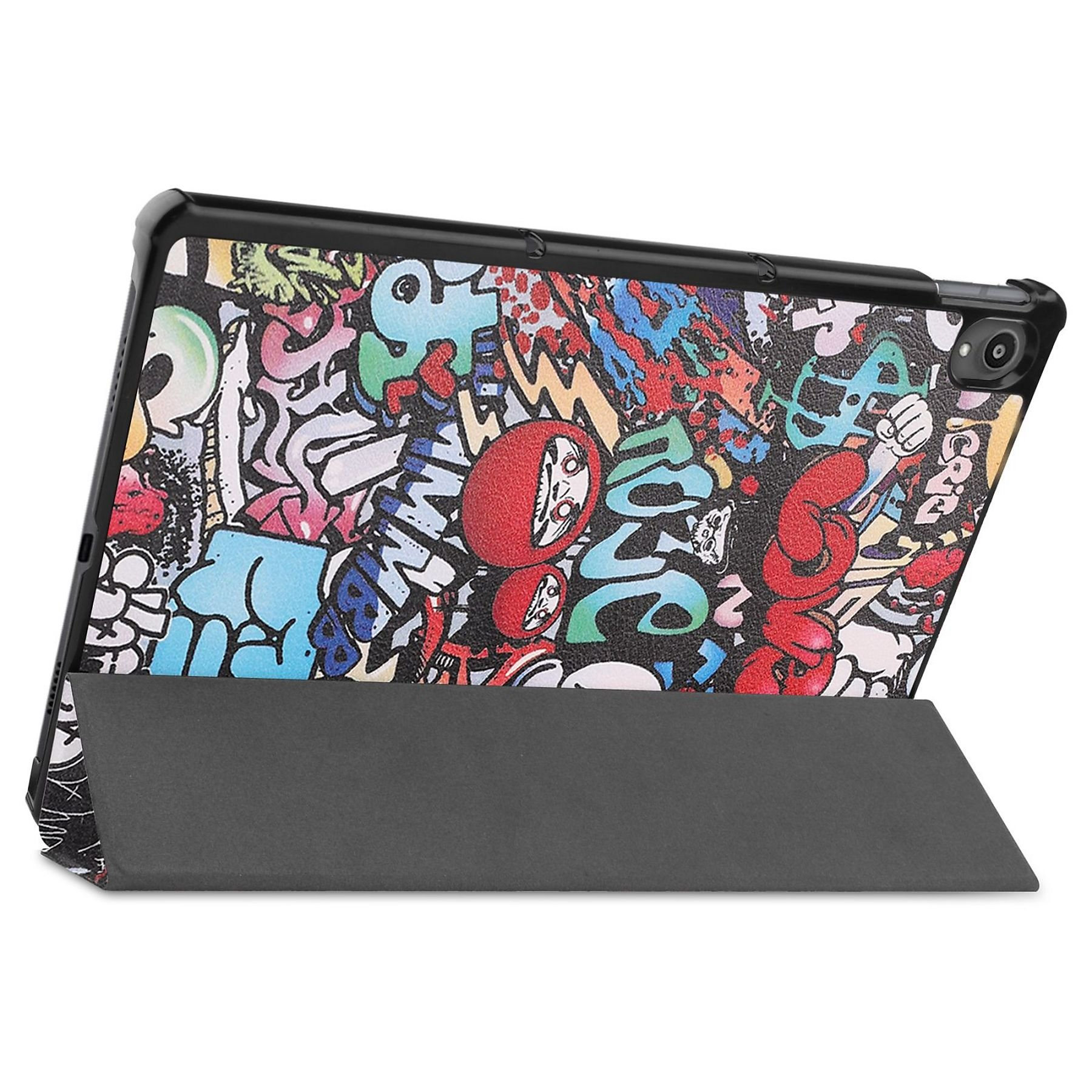 Tablet mit farbenfrohem Graffiti-Design. Das Tablet befindet sich in einer Hülle und ist aufgestellt. Schwarzer Rahmen mit Kamera.