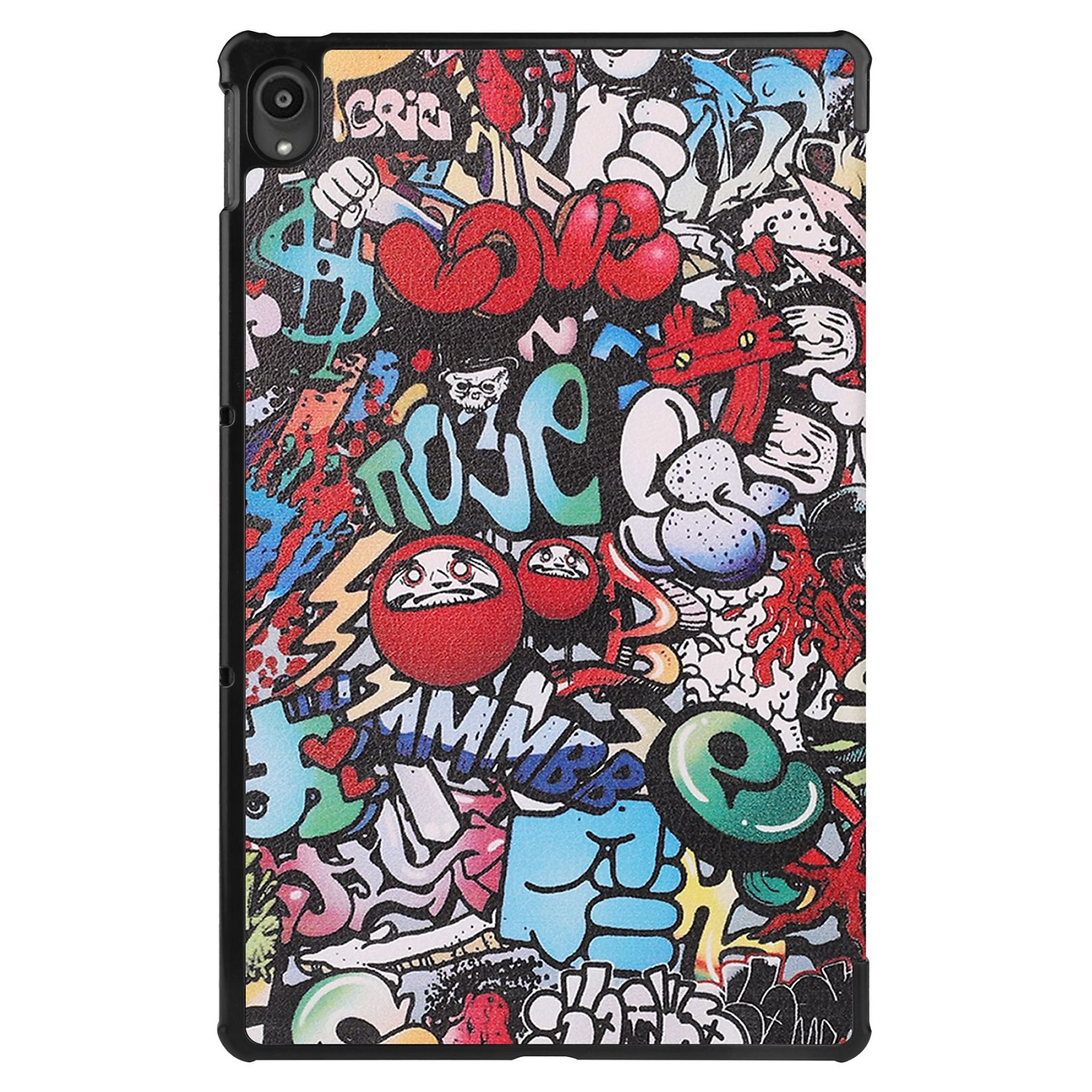 Tablethülle mit Graffiti-Kunst. Enthält farbenfrohe Wörter, Figuren und abstrakte Designs. Überwiegend rote, blaue und weiße Farben.