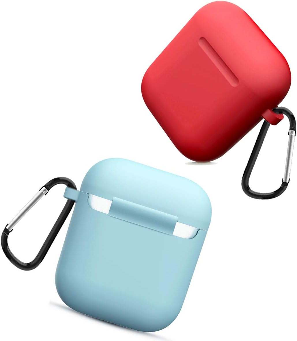 Zwei AirPod-Hüllen: eine rote und eine hellblaue. Beide haben schwarze Karabinerhaken.