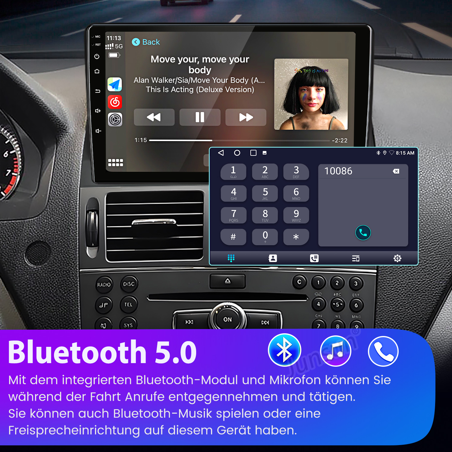Autoradio-Bildschirm zeigt Musik und ein Ziffernfeld. Bluetooth 5.0-Logo unten.