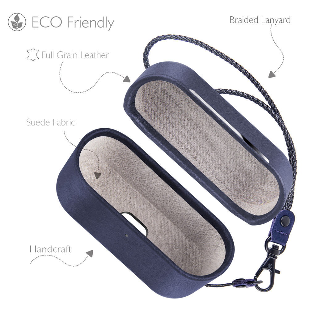 Geöffnete blaue Ledertasche mit Wildlederfutter. Eine geflochtene Lanyard und ein schwarzer Verschluss sind angebracht. Text zeigt 'Eco Friendly' und 'Handcraft'.