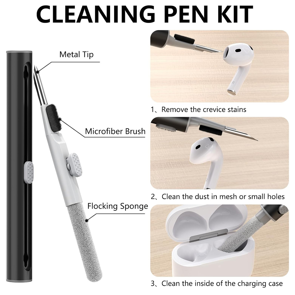 Das Bild zeigt ein Reinigungsstift-Kit für Ohrhörer. Es enthält eine Metallspitze, eine Mikrofaserbürste und einen Beflockungsschwamm, mit Gebrauchsanweisung.