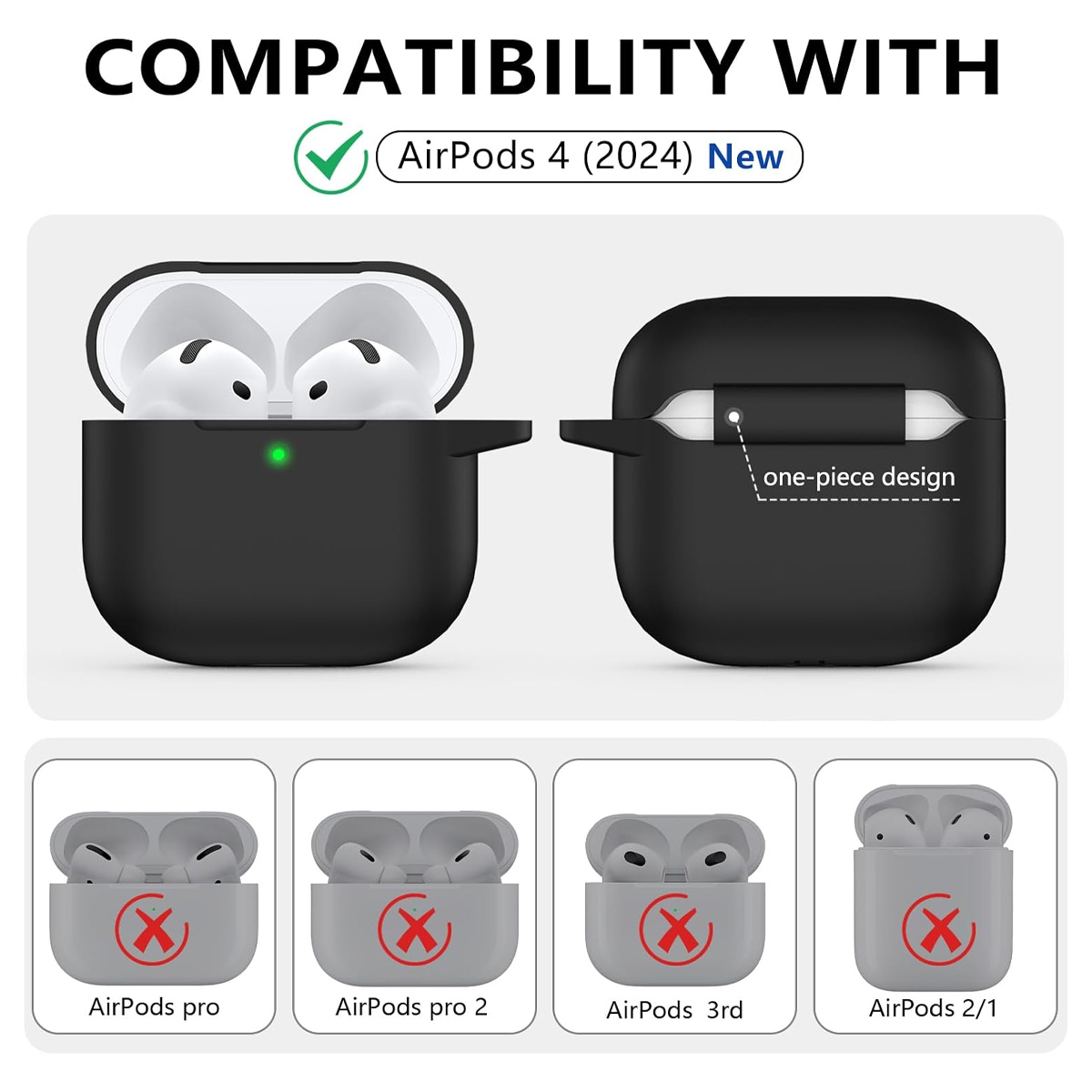Das Bild zeigt ein schwarzes AirPods-Case, das mit AirPods 4 (2024) kompatibel ist. Andere Modelle haben ein rotes X. Text sagt Kompatibilität.