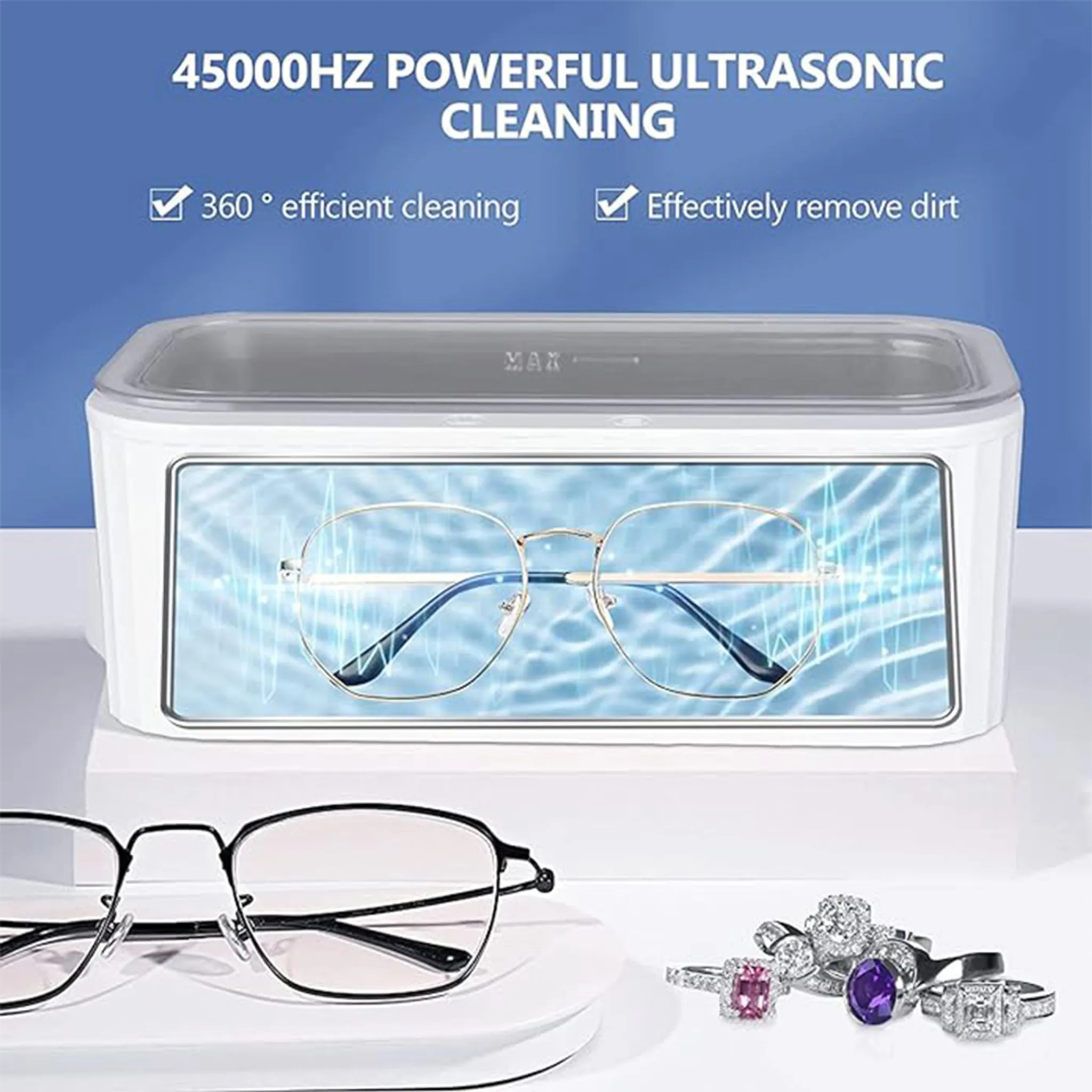 Ultraschallreiniger mit Brille darin, Brille und Ringe draußen. Text sagt effiziente Reinigung und entfernt effektiv Schmutz.