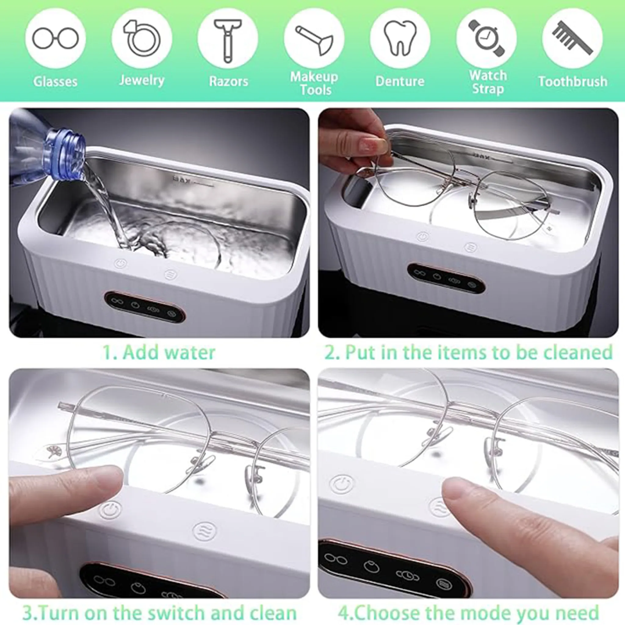Ein Gerät zur Reinigung von Brillen. Schritte: Wasser hinzufügen, Brille einlegen, einschalten und Modus wählen. Symbole für die Reinigung verschiedener Gegenstände.