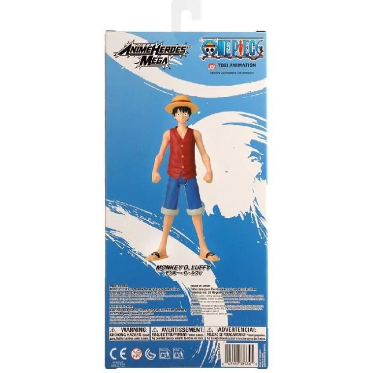 Una statuetta di Monkey D. Luffy, su un pacchetto con sfondo blu. La statuetta indossa un gilet rosso, pantaloncini blu e un cappello di paglia.