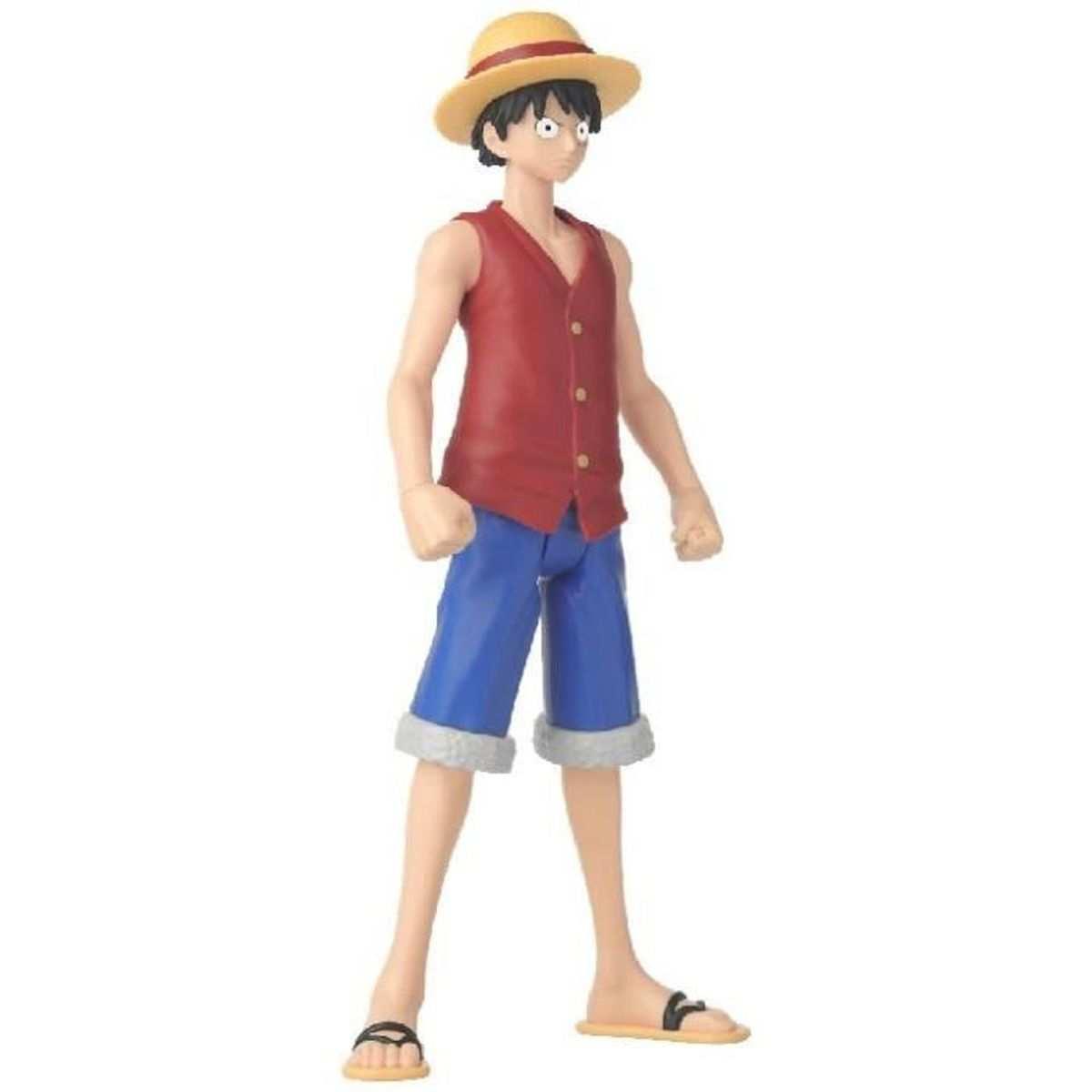 Una statuetta di un personaggio maschile con cappello di paglia, gilet rosso, pantaloncini blu e sandali, con espressione neutra.
