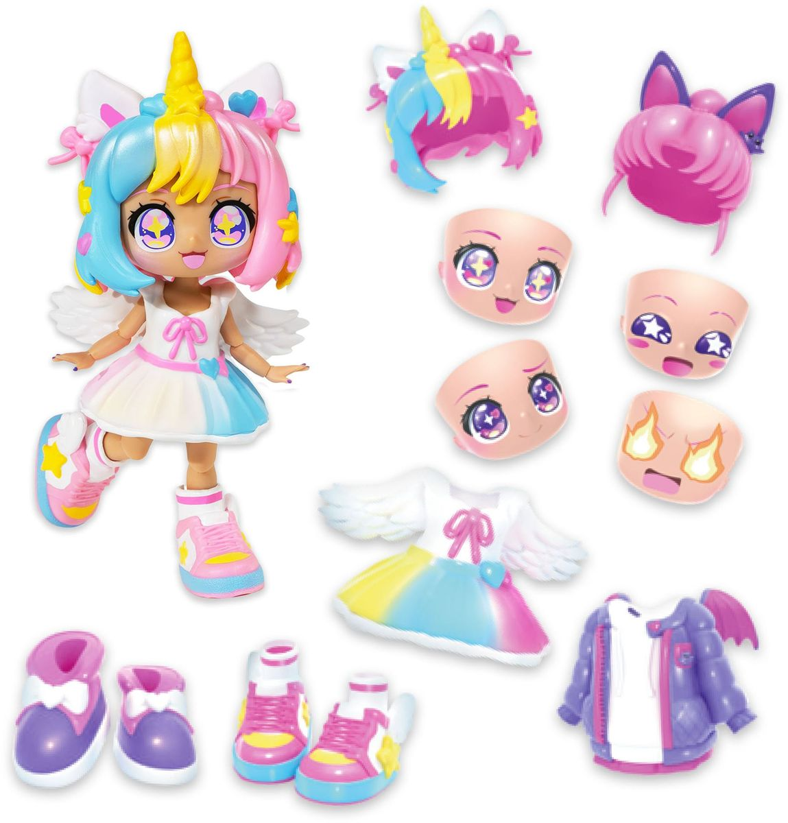 Eine Puppe mit Einhornhorn und bunten Haaren. Verschiedene Outfits und Accessoires, darunter Schuhe, Flügel und Gesichter, sind verstreut.