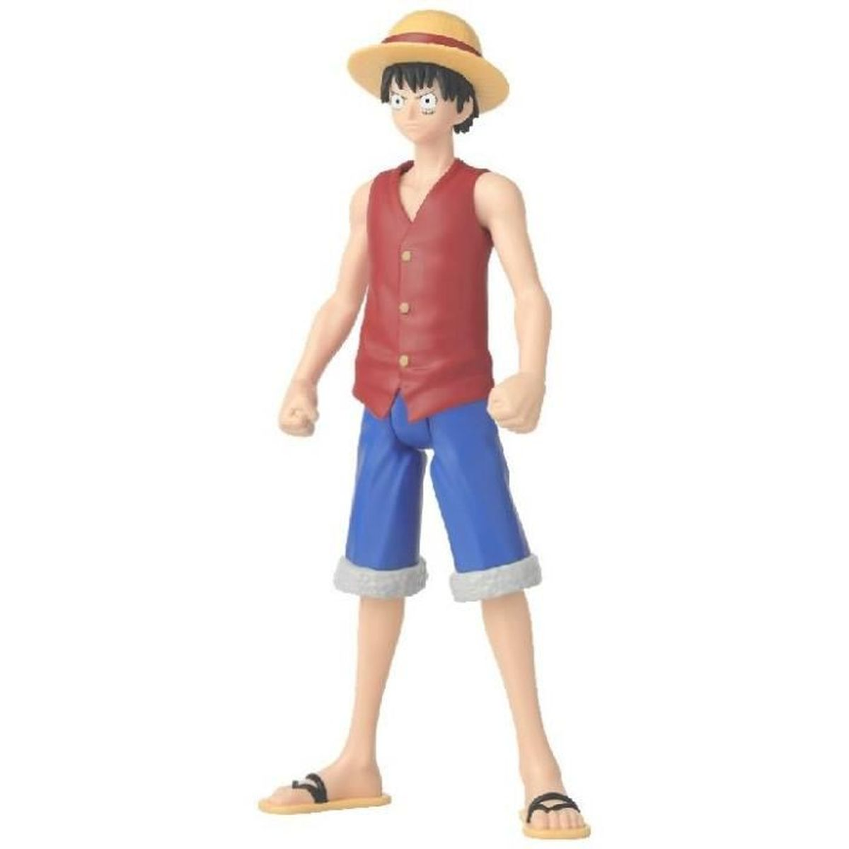 Una statuetta di un uomo con un cappello di paglia, un gilet rosso, pantaloncini blu e sandali. Ha i capelli neri ed è in piedi.