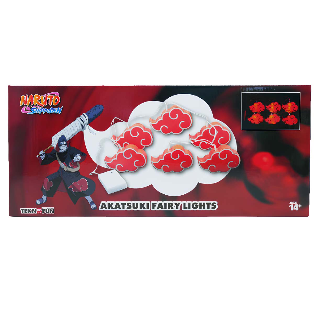 Confezione di luci a fata Akatsuki. Presenta arte dei personaggi, luci a nuvola rossa e il logo Naruto Shippuden.