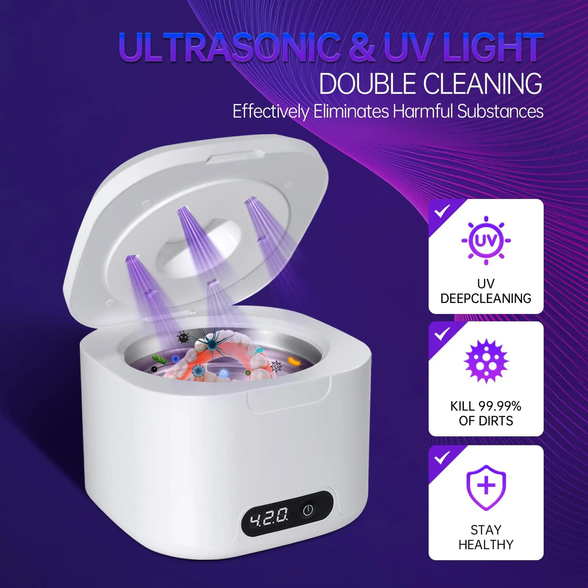 Weißes Desinfektionsgerät mit offenem Deckel. Violettes UV-Licht scheint hinein. Text: Ultraschall & UV-Licht, Doppelreinigung.