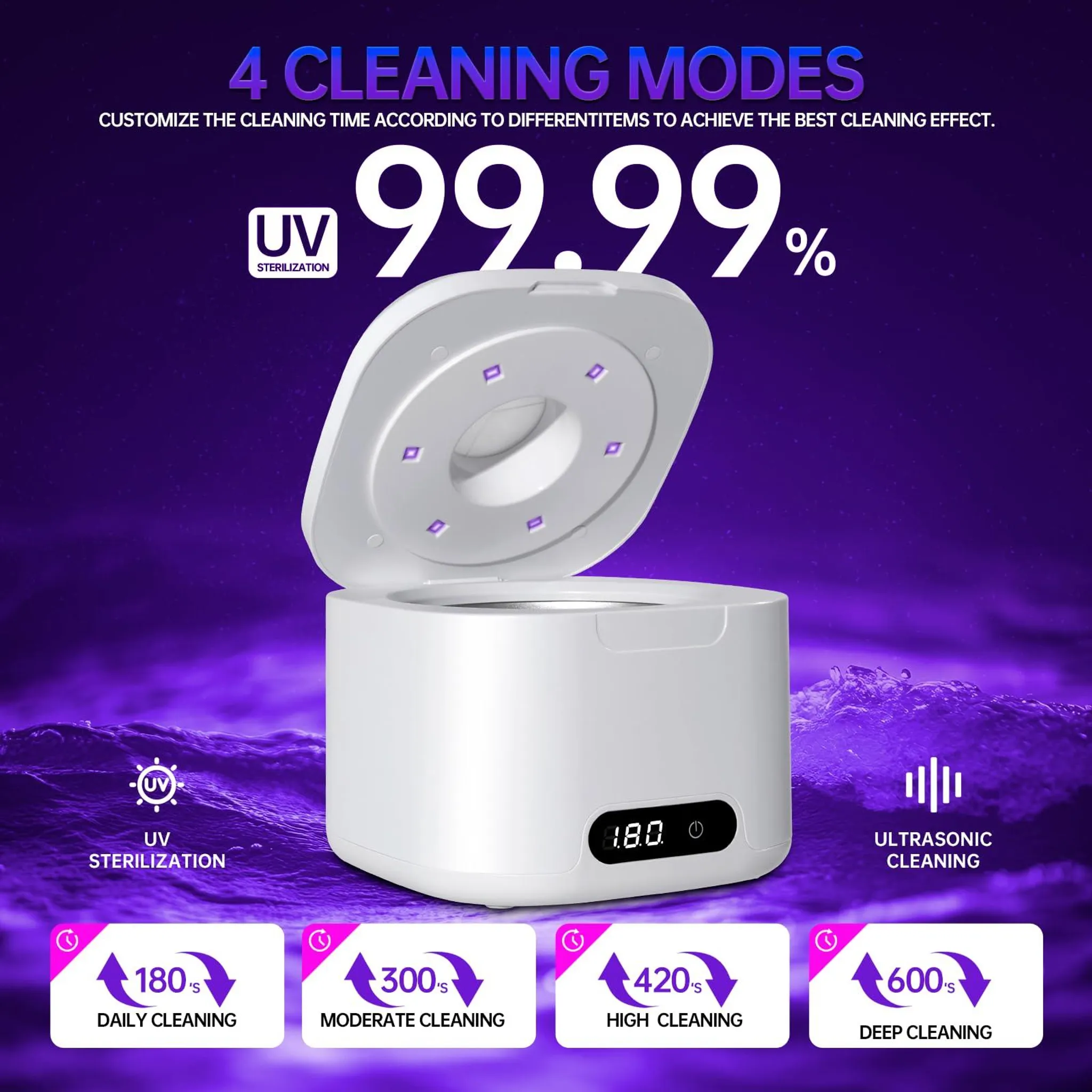 Ein weißes Reinigungsgerät mit offenem Deckel, das UV-Lichter zeigt. Text erwähnt Reinigungsmodi und 99,99 % Sterilisation.