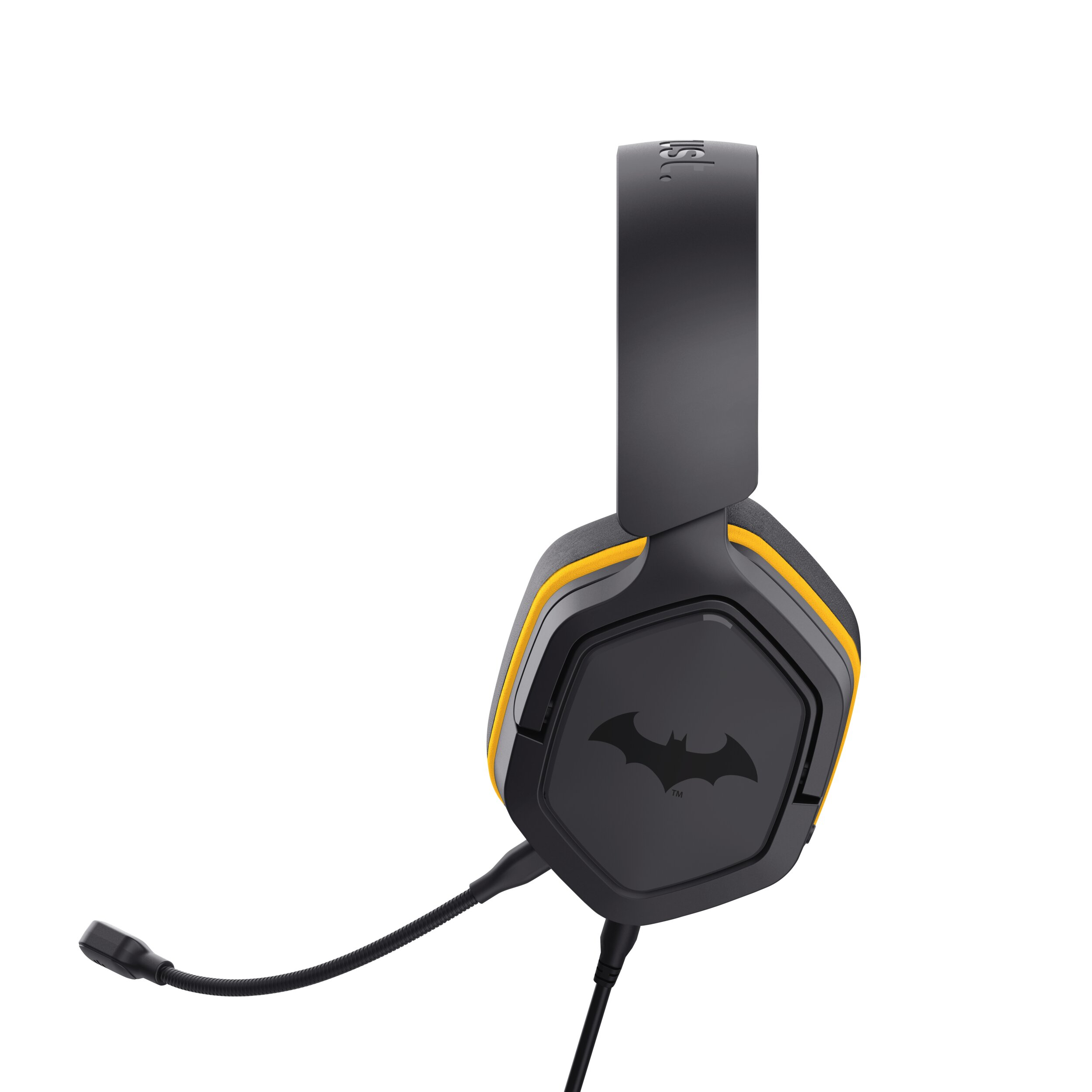 Czarno-żółty zestaw słuchawkowy Batmana z elastycznym mikrofonem. Logo Batmana znajduje się na nauszniku.