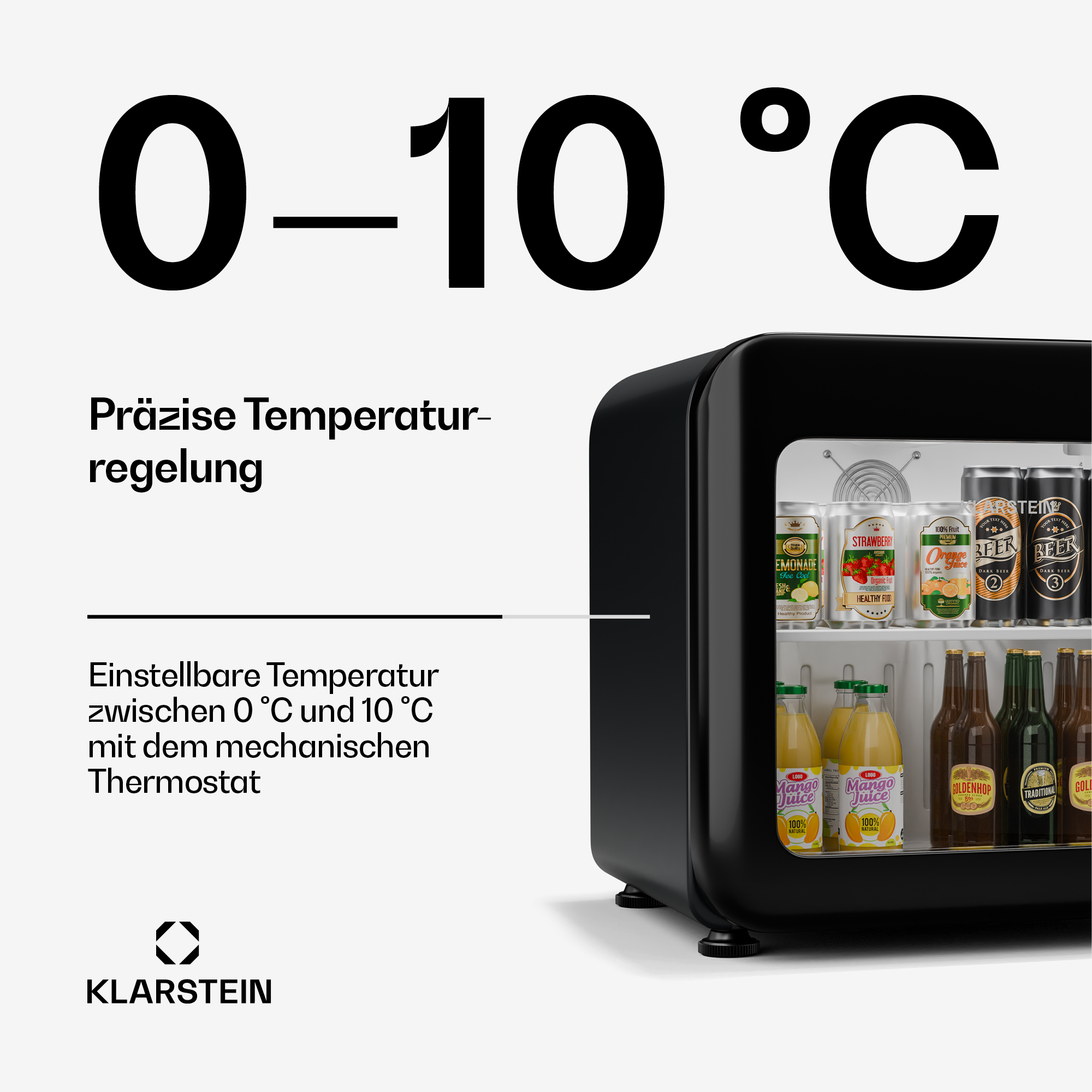 Schwarzer Minikühlschrank mit Getränken. 0-10°C Temperaturbereich. Enthält Saftflaschen, Bierflaschen, Dosen und Textüberlagerung.
