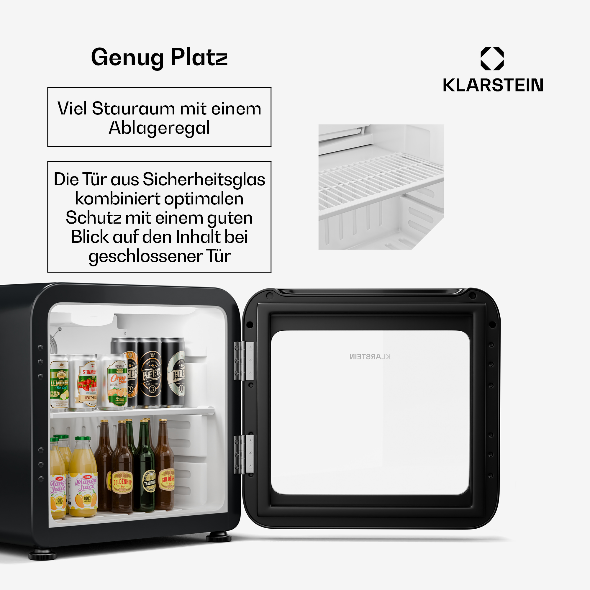 Minikühlschrank mit offener Tür. Innen Getränke und ein Regal. Text oben: 'Genug Platz'.