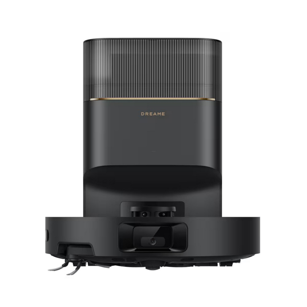 Una aspiradora robot Dreame negra. Tiene un cuerpo alto y rectangular con una parte superior a rayas y una base redonda con cámara.